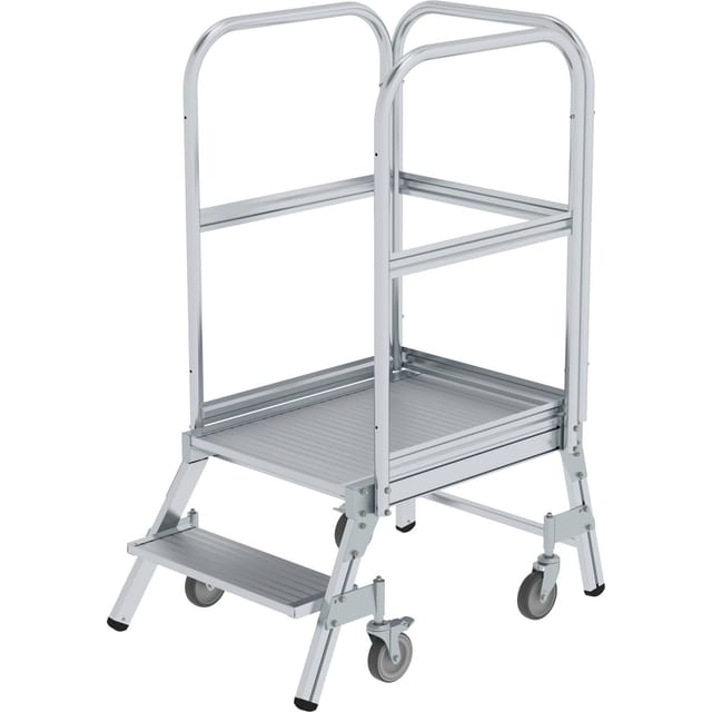 Podestleiter 2 Stufen, einseitig begehbar, Aluminium/Aluminium-Gitterrost