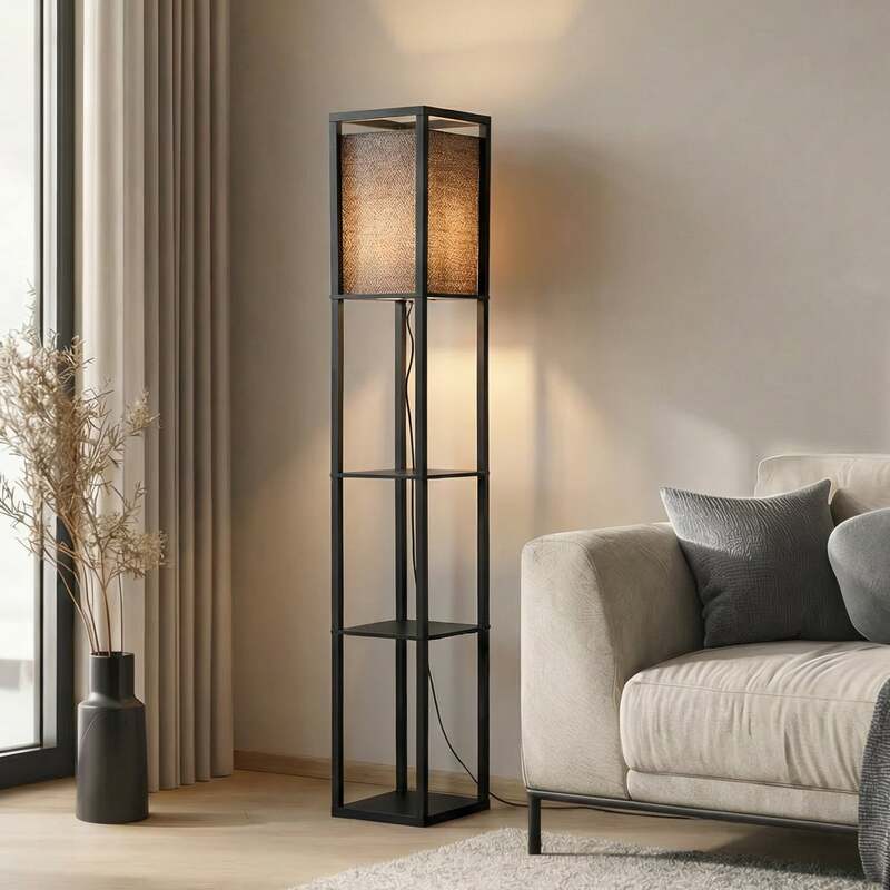 [gebraucht] B-ware Lindby Stehleuchte Birta Schwarz Regal Holz Lampe 159cm E27 15w Led Leuchte