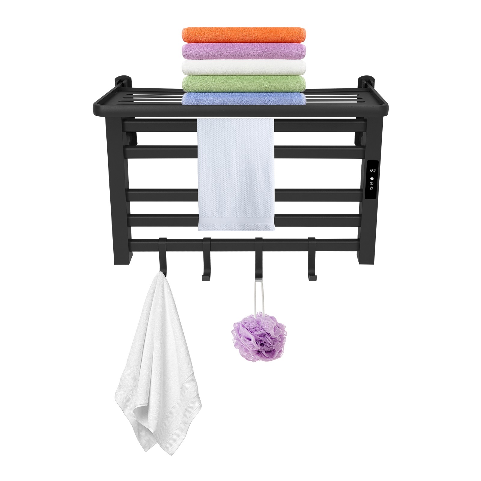 Elektrischer Wand-handtuchwärmer Mit 5 Heizstäben Aus Kohlefaser, Touchscreen, Timer 0–24 Stunden, Schutzklasse Ipx5, Für Badezimmer, Wohnungen, Hotels, 40 X 55 Cm, Schwarz, Ohne Bohren