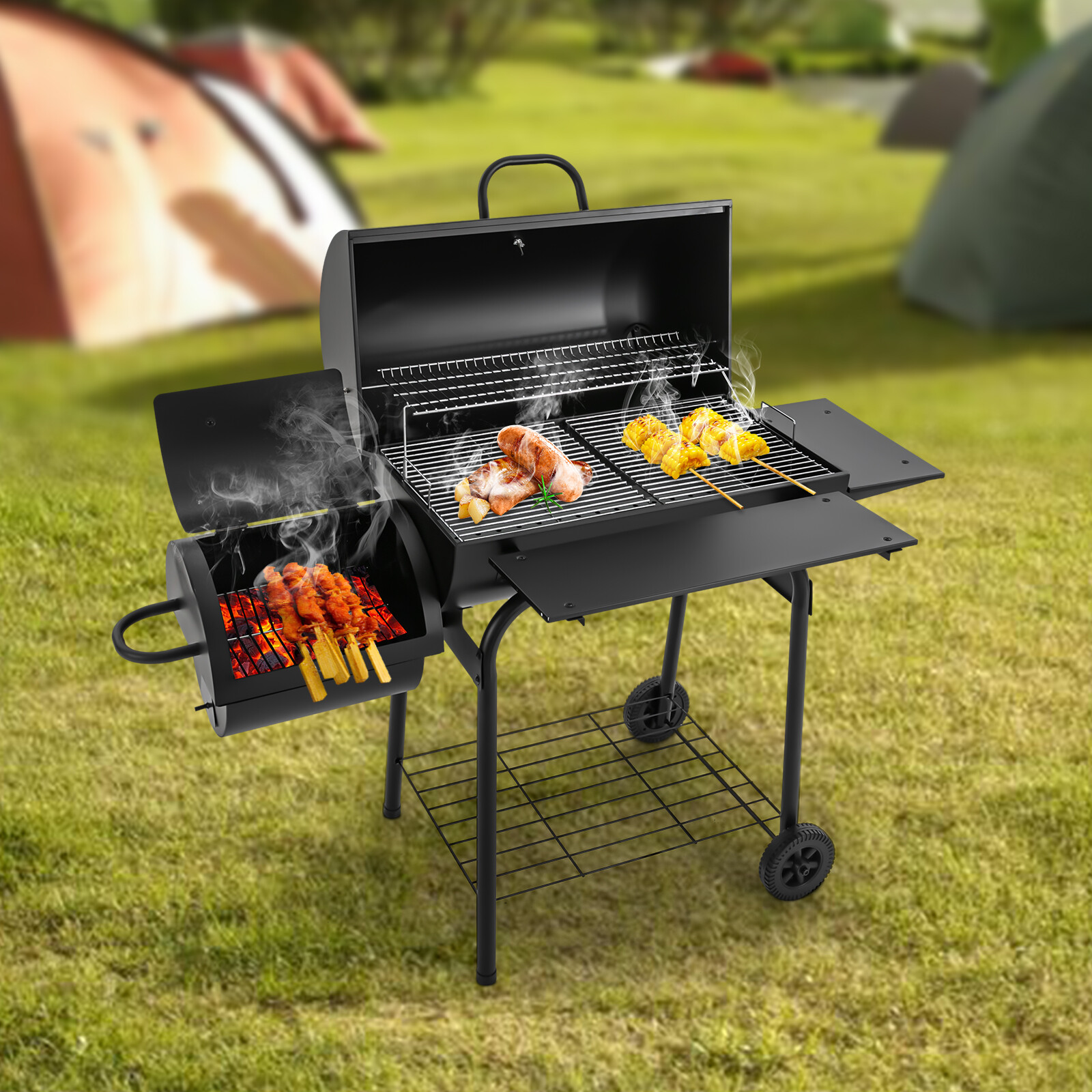 Holzkohlegrill – Gartengrill, 147 X 70 X 126 Cm, Gartengrillwagen Mit Räucherkammer Und Warmhaltegitter, Regulierbare Lüftungsöffnungen, Rollen, Für Garten/balkon/hof