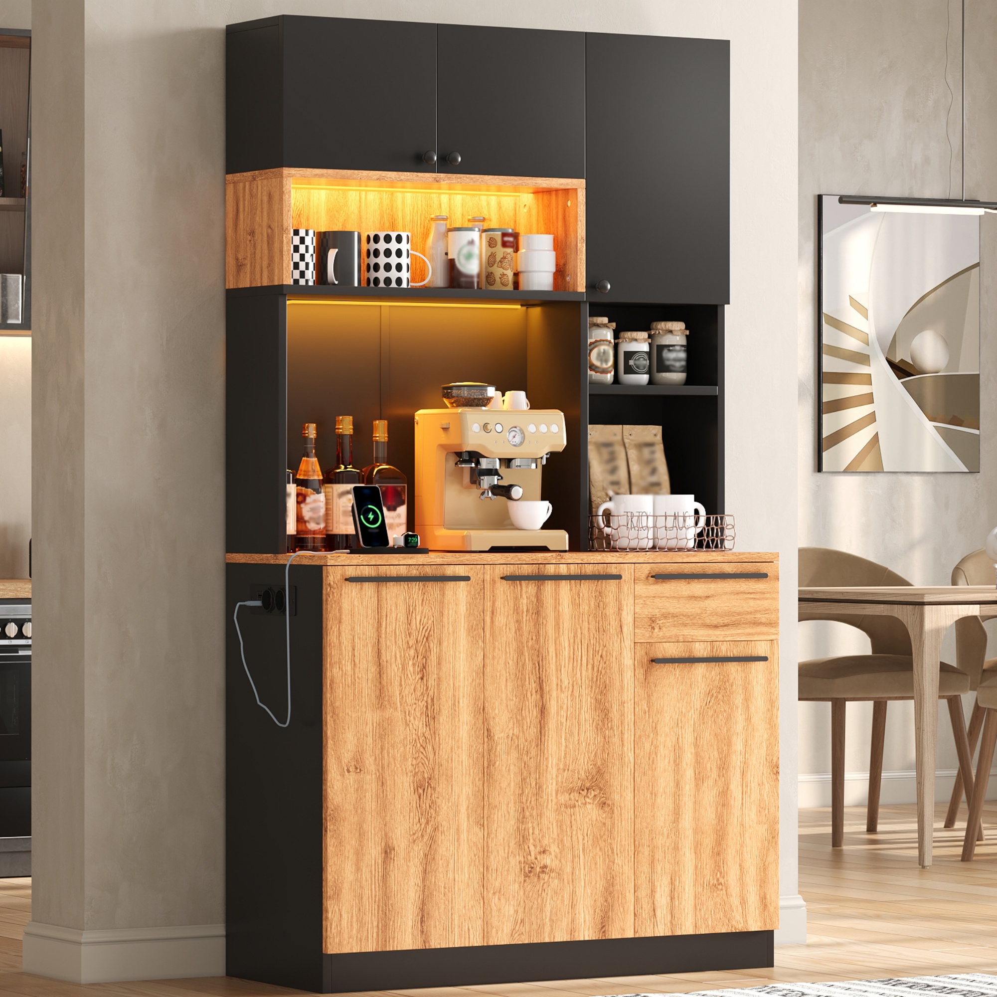 Küchenschrank - 100 X 40 X 180 Cm - Led Beleuchtung Steckdosen Usb 6 Türen 1 Schublade Großer Stauraum - Moderner Stil - Mdf - Natur Schwarz