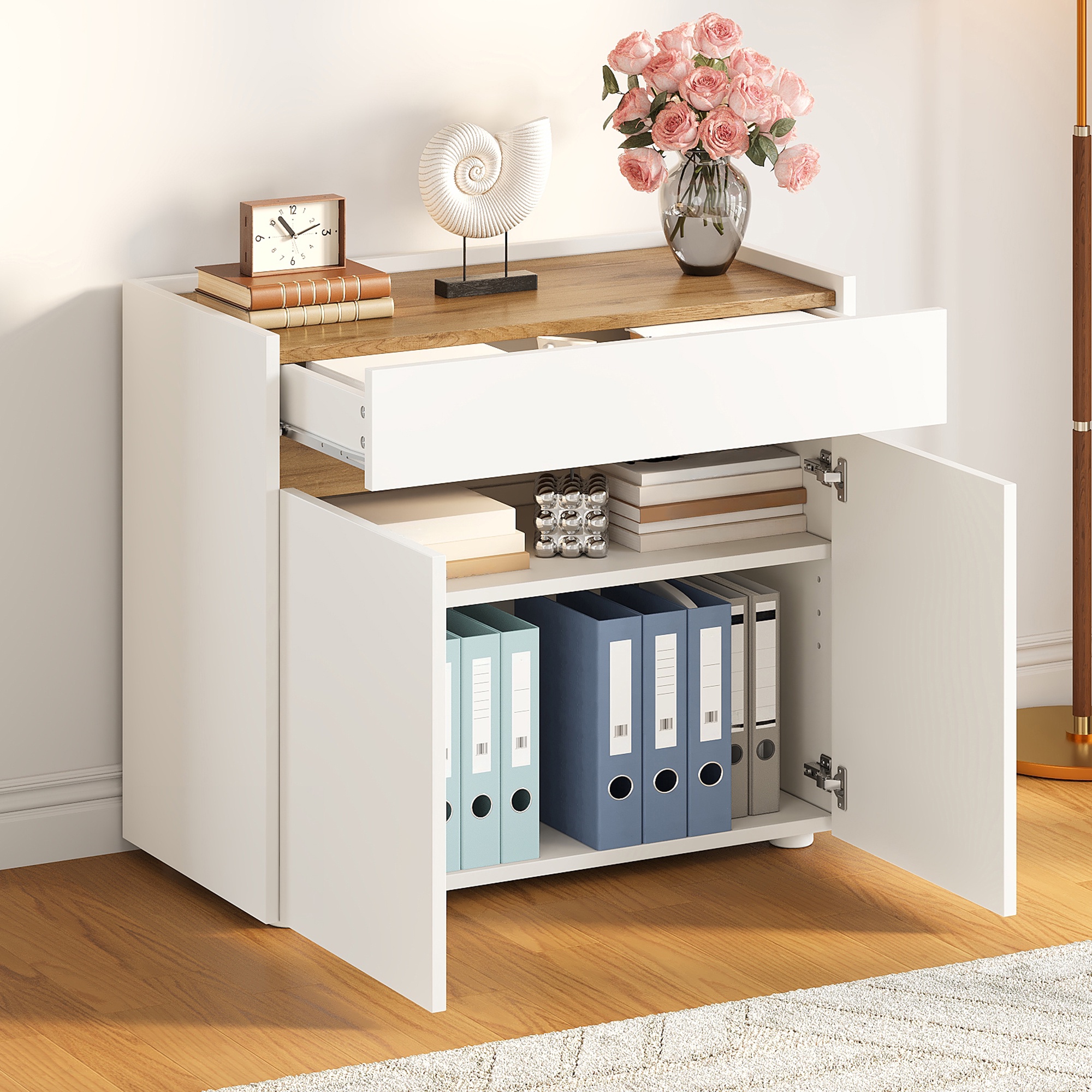 Aktenschrank 80 X 40 X 70 Cm - Höhenverstellbare Böden Mit Schublade, Fächern - Moderner Büroschrank - Spanplatte - Weiß