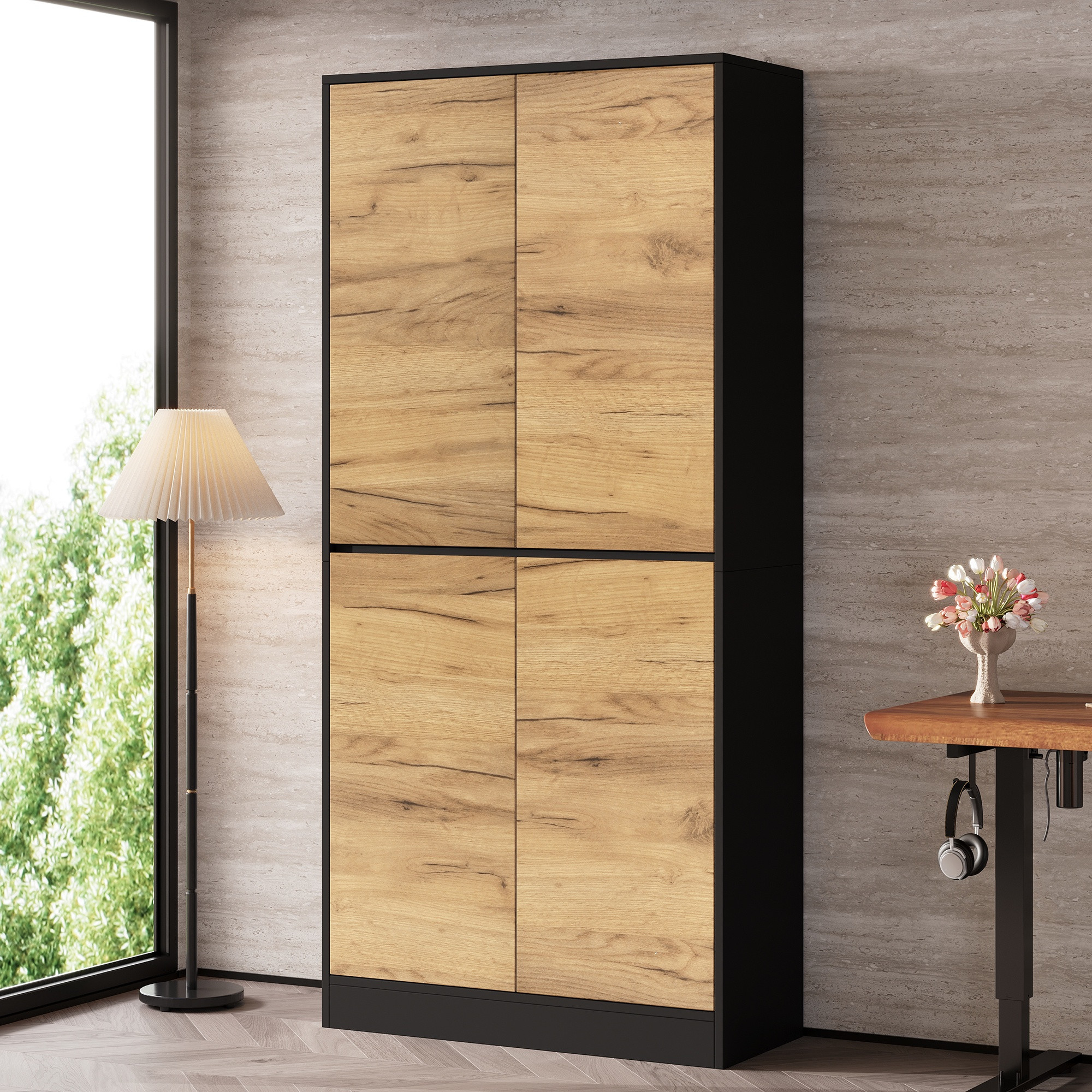 Aktenschrank 80 X 35 X 180 Cm - Mehrzweckschrank Hochschrank Büroschrank Bücherregal Verstellbare Einlegeböden Soft Close Moderner Stil Holzwerkstoff Schwarz Eiche