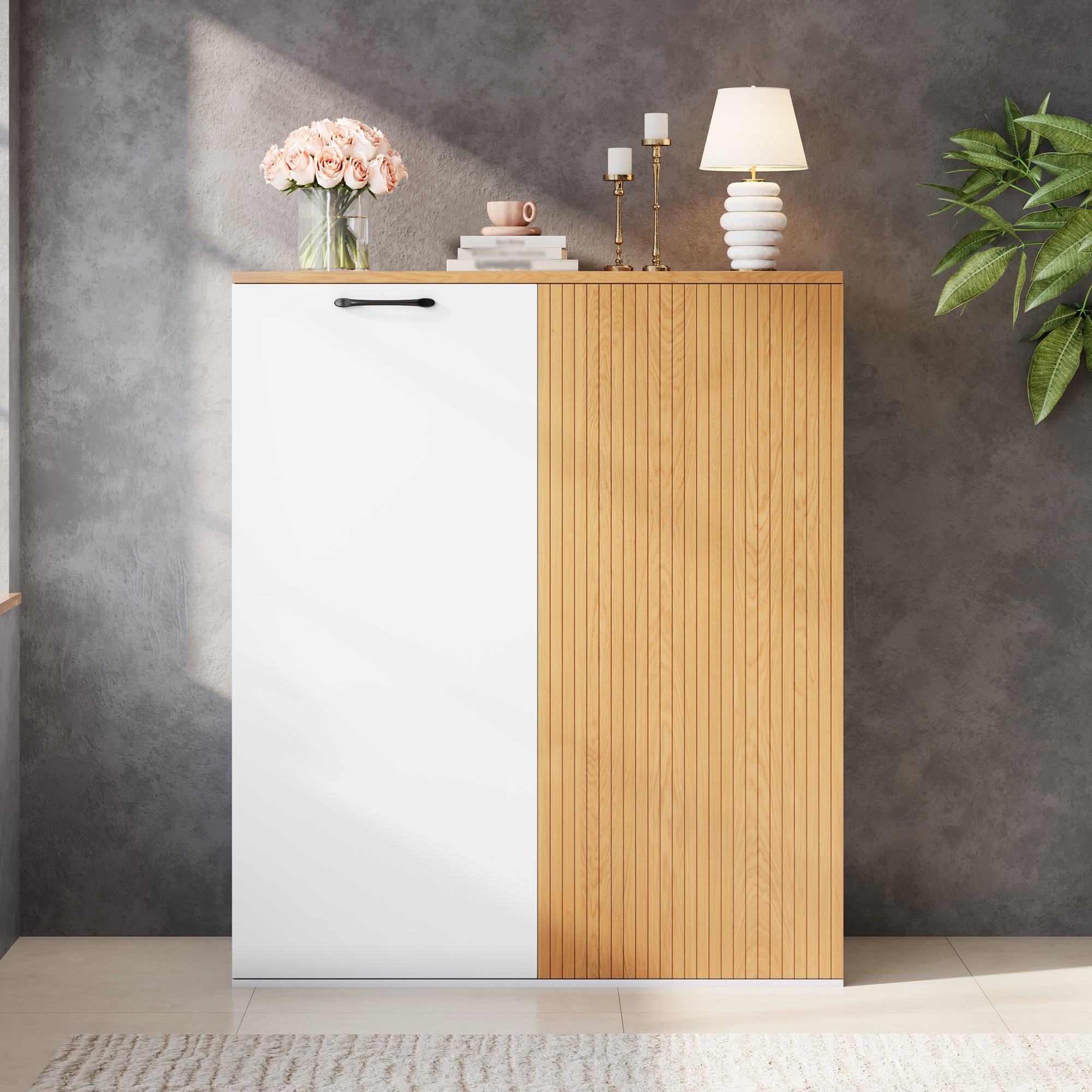 Aktenschrank - 80 X 40 X 110 Cm - Highboard Büroschrank Mit Moderner Lamellenfront, Soft-close-türen - Skandinavischer Stil - Mdf - Weiß, Eiche