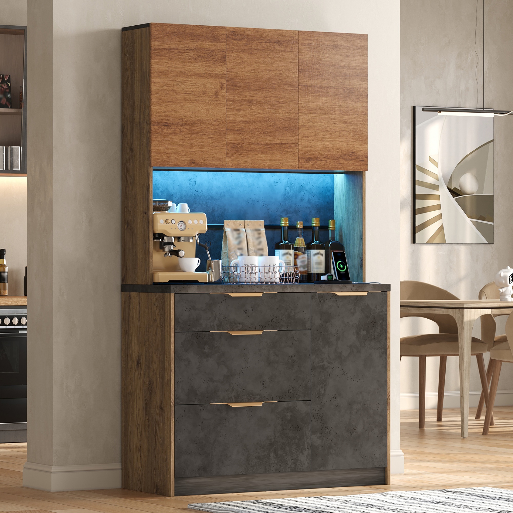 Küchenschrank 100 X 40 X 180 Cm - Led-beleuchtung, Steckdosen, 4 Türen, 3 Schubladen - Moderner Stil - Mdf - Natur