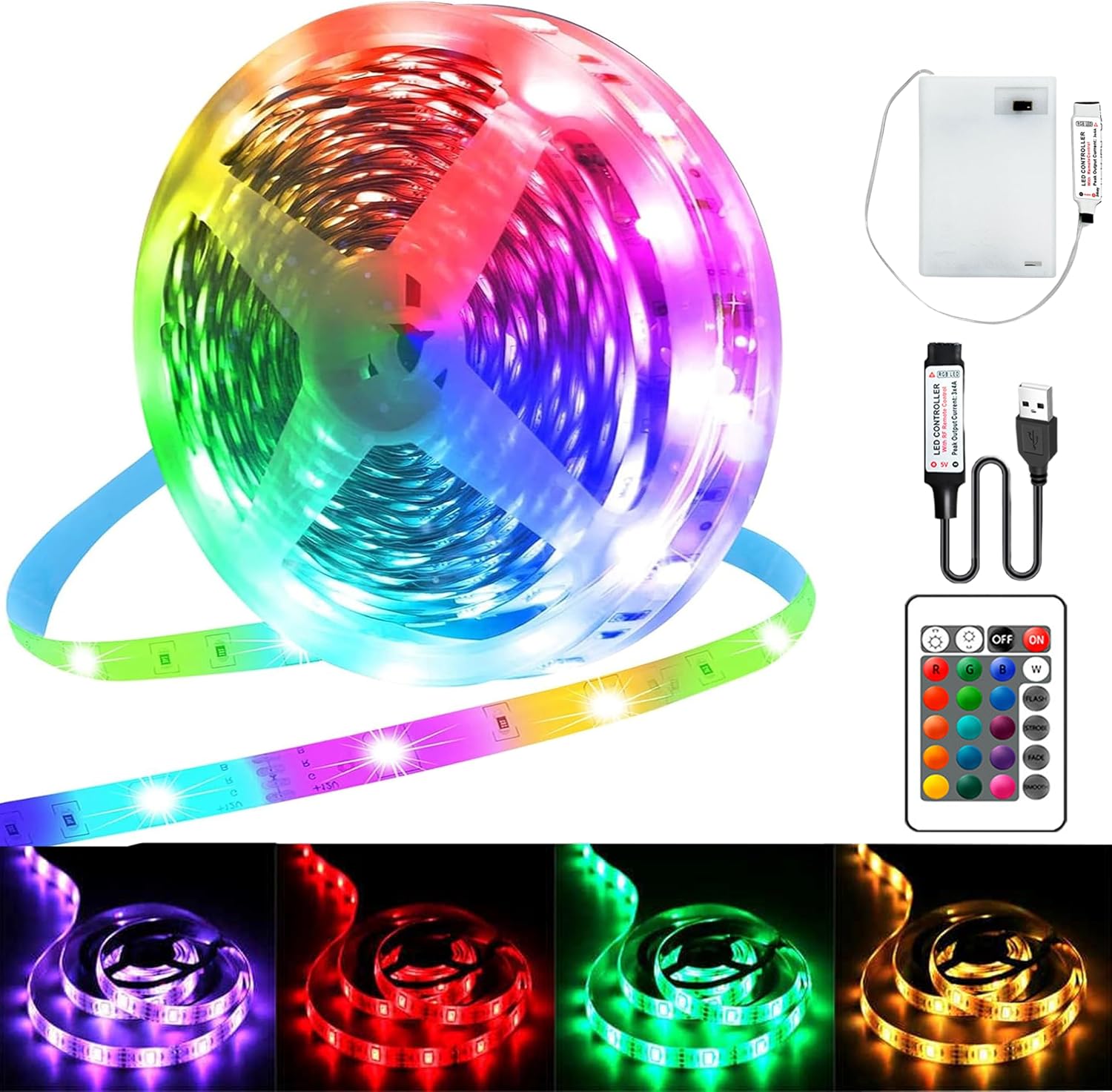 5m Led-streifen, Rgb 5050, Batterie- Oder Usb-betrieben, Dimmbar, 16 Farben, Mit Fernbedienung, Für Schlafzimmer, Wohnzimmer, Tv-hintergrundbeleuchtung, Bar, Partys