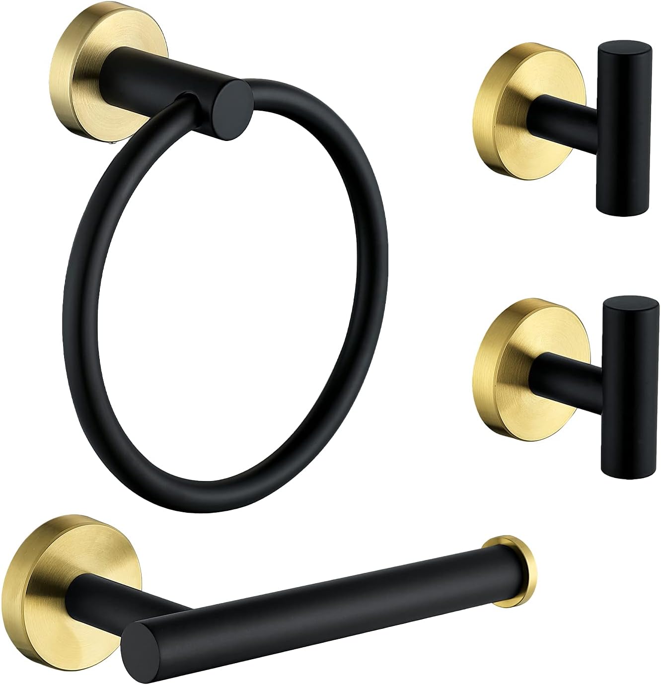 4-teiliges Badezimmer-accessoire-set Aus Mattschwarzem Und Gebürstetem Edelstahl In Goldoptik, Bestehend Aus Handtuchring, Toilettenpapierhalter, 2 Bademantelhaken Und Einem Zubehörset.