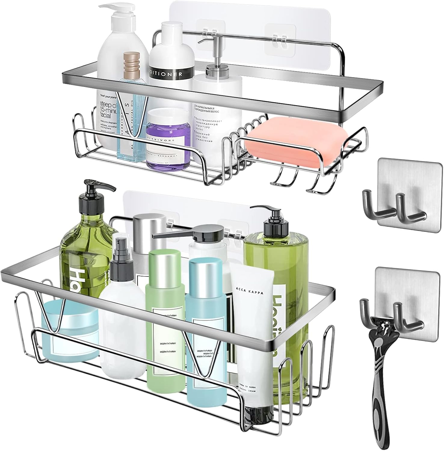 2-teiliges Badezimmerregal, Kein Bohren Erforderlich, Selbstklebender Duschorganizer Aus Edelstahl Mit 12 Integrierten Haken Und Seifenschale, Duschablage, Halter Für Shampoo Und Duschgel, Wandregal