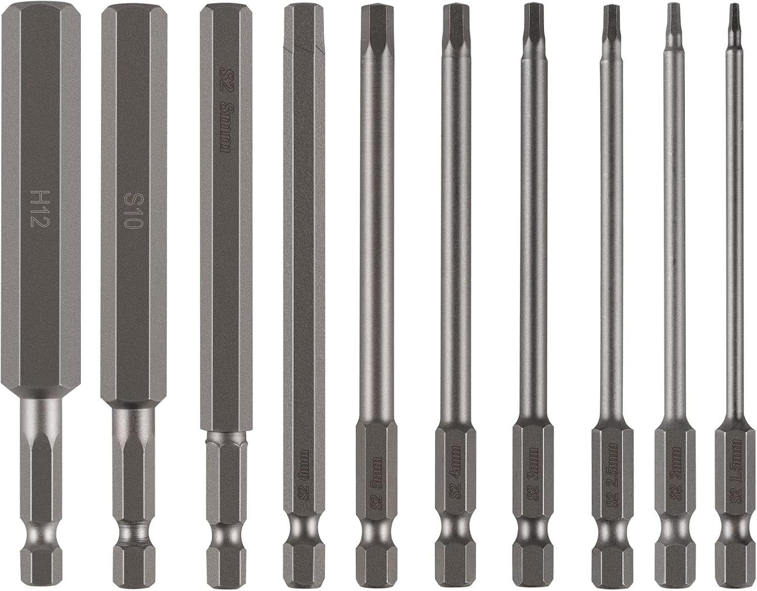 10 Stück 100 Mm Breite Innensechskant-bits (1,5–12 Mm), 6-kantige Schraubendreher-bits Aus S2-stahl, 1/4"-innensechskant-bits