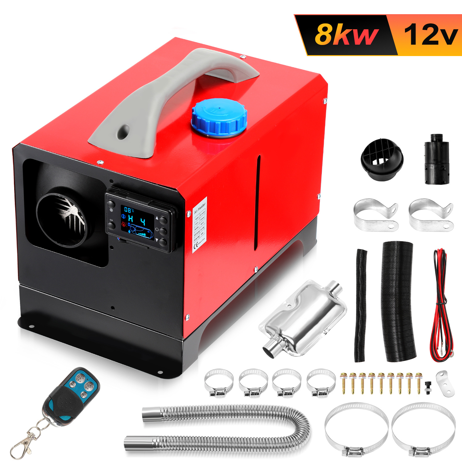Tolletour Diesel Standheizung Luftheizung 12 V 8 Kw Horizontal, Dieselheizung Air Heater Lufterhitzer Mit Lcd & Fernbedienung Für Auto Lkw Wohnmobil Rot