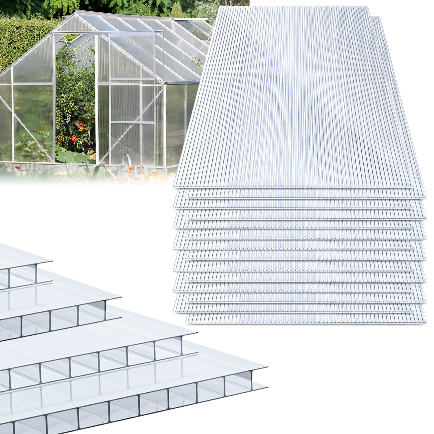 Tolletour 15x Polycarbonat Hohlkammerplatten 8mm Transparent Hohlkammerstegplatten Uv-beständigen Für Gewächshaus Carports