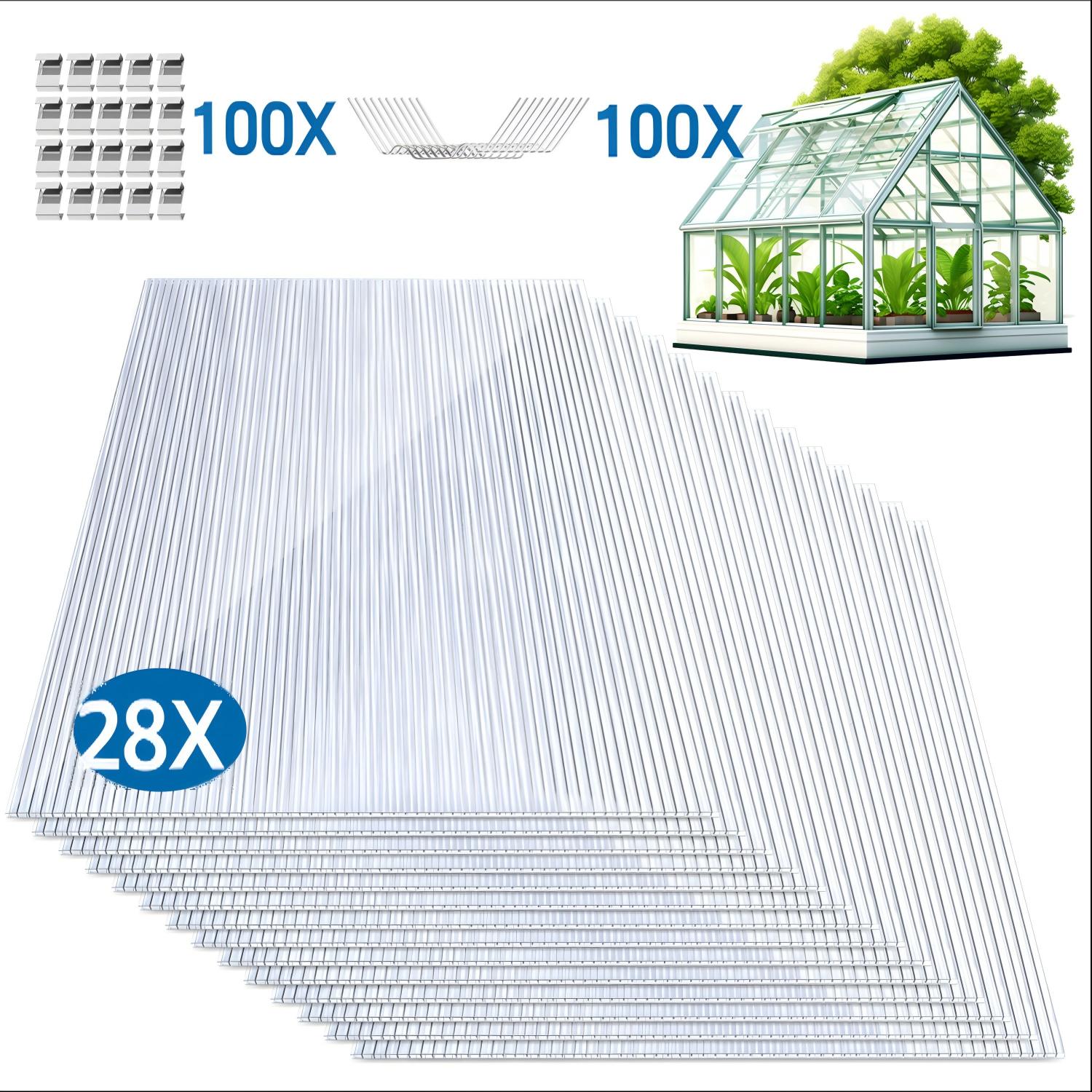 Tolletour 28x Polycarbonat Hohlkammerplatten 4mm Mit 100 Edelstahl Gewächshausklammern Transparent Hohlkammerstegplatten Uv-beständigen Für Gewächshaus Carports