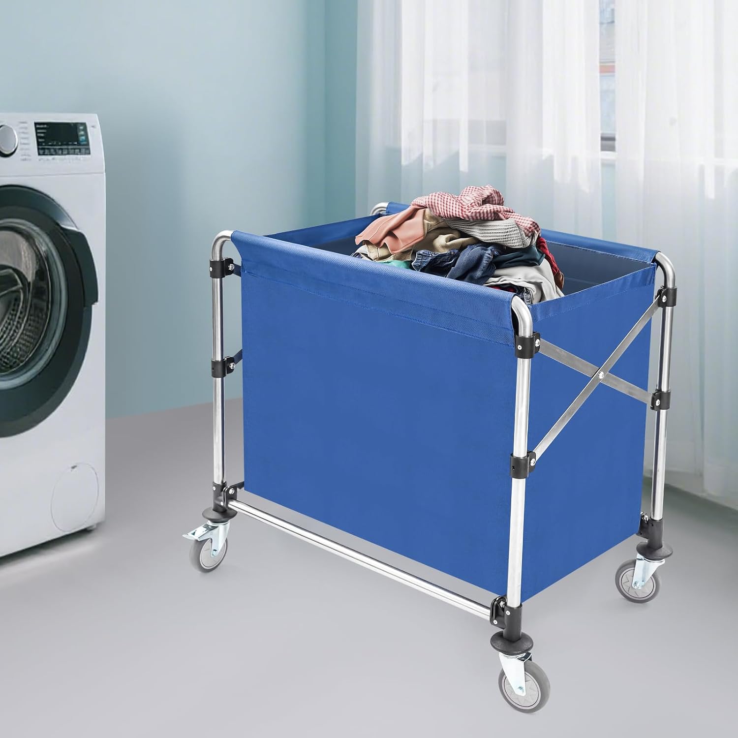 Klappbar Wäschewagen Edelstahl Wäschesortierwagen Kommerzieller Mit Rollen Wäschekorbwagen Mit 200kg Tragkraft Für Home Hotel Wäschekammer 875278cm (blau)
