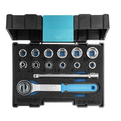 Steckschlüsselsatz 14tlg,12-kant, 1/4", 4-13mm, Knarre Umschalthebel, D20 DMU 3