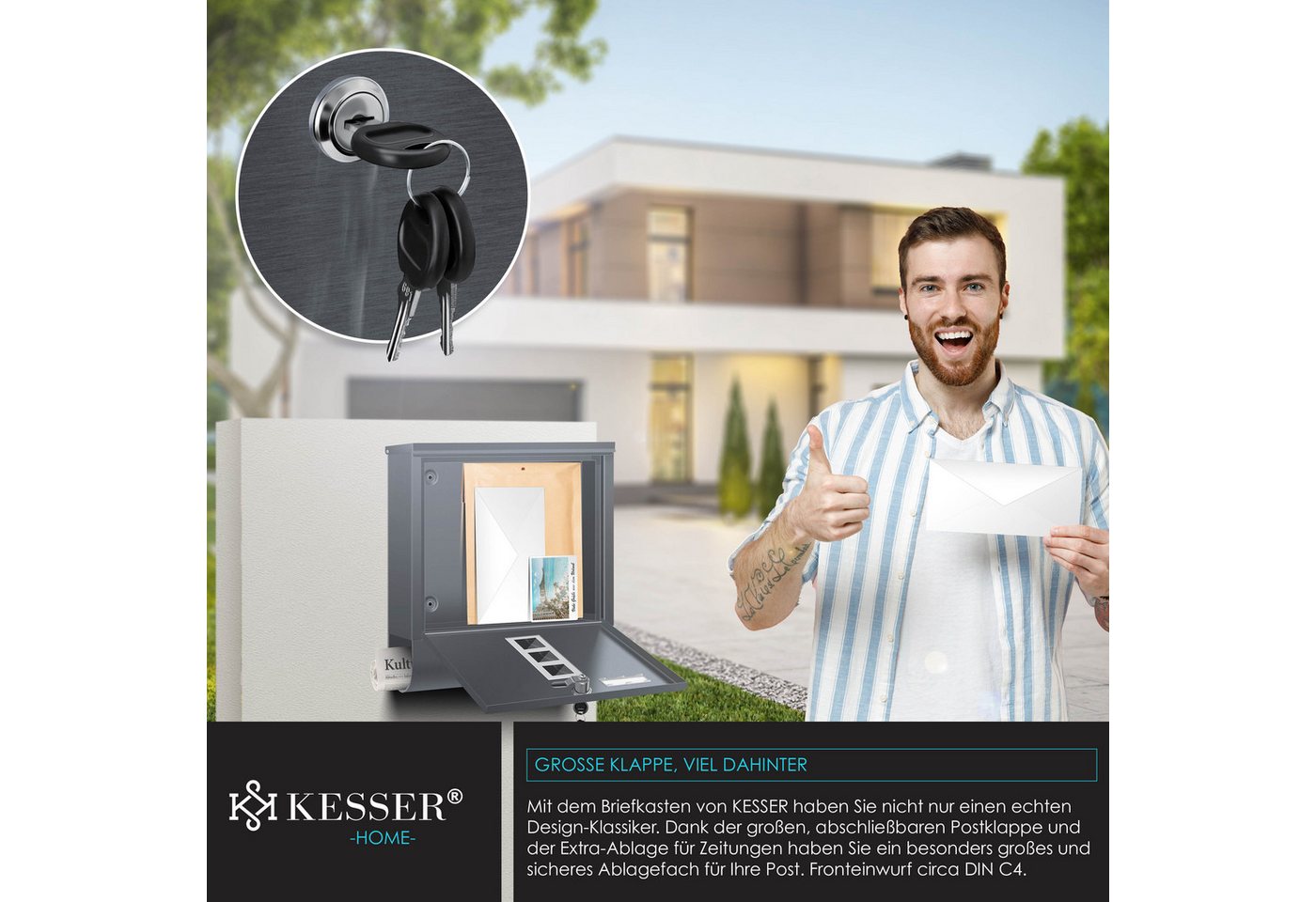 Kesser® Briefkasten Edelstahl Mit Zeitungsfach Inkl. 3x Schlüssel & Wandmontage-material – Anthrazit Bild 3