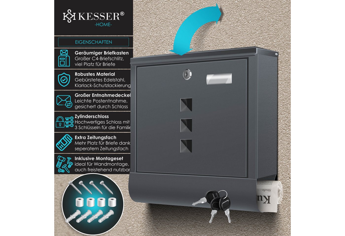 Kesser® Briefkasten Edelstahl Mit Zeitungsfach Inkl. 3x Schlüssel & Wandmontage-material – Anthrazit Bild 4