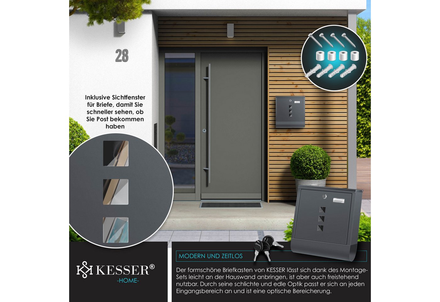 Kesser® Briefkasten Edelstahl Mit Zeitungsfach Inkl. 3x Schlüssel & Wandmontage-material – Anthrazit Bild 5