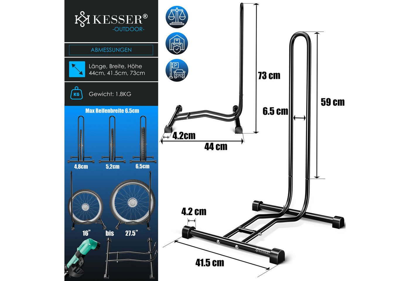Kesser® Fahrradständer Boden Einzeln, Für Reifenbreite Bis 65mm, Freistehend – Schwarz / 1er Set
