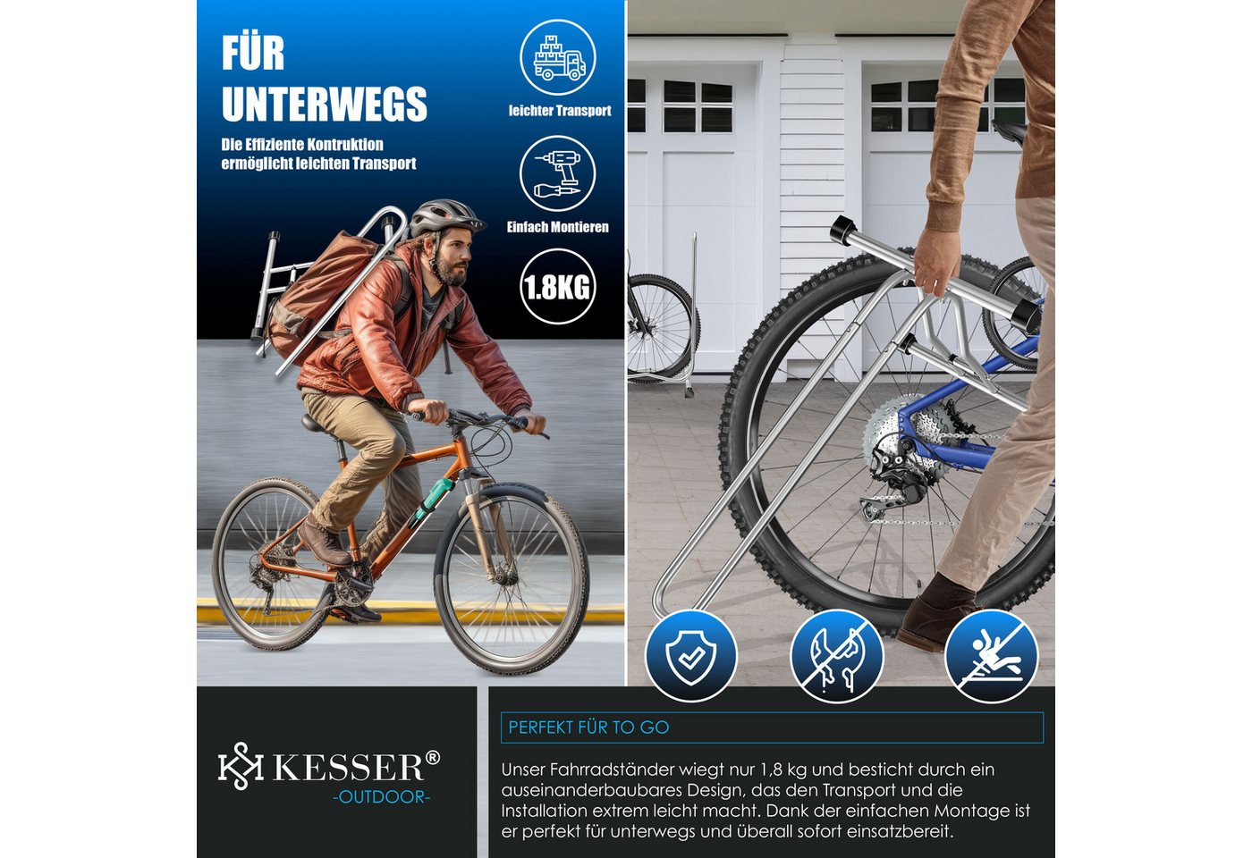 Kesser® Fahrradständer Boden Einzeln, Für Reifenbreite Bis 65mm, Freistehend – Silber / 1er Set