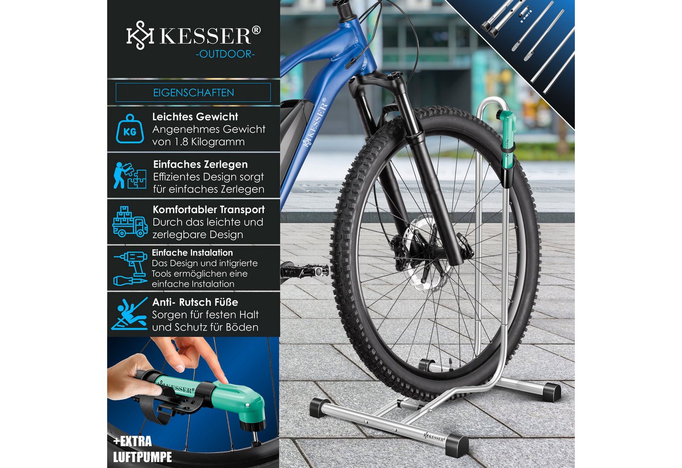 Kesser® Fahrradständer Boden Einzeln, Für Reifenbreite Bis 65mm, Freistehend – Silber / 1er Set Bild 3