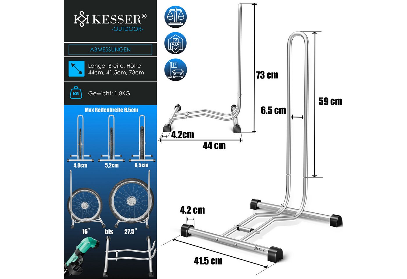 Kesser® Fahrradständer Boden Einzeln, Für Reifenbreite Bis 65mm, Freistehend – Silber / 1er Set Bild 5