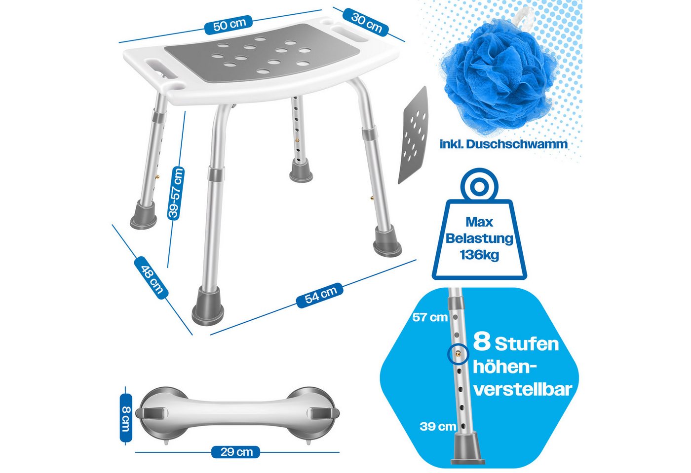 Kesser® Duschhocker Höhenverstellbar Badhocker Rutschfeste Gummifüße Duschstuhl 136kg – Weiß / Grau Bild 2
