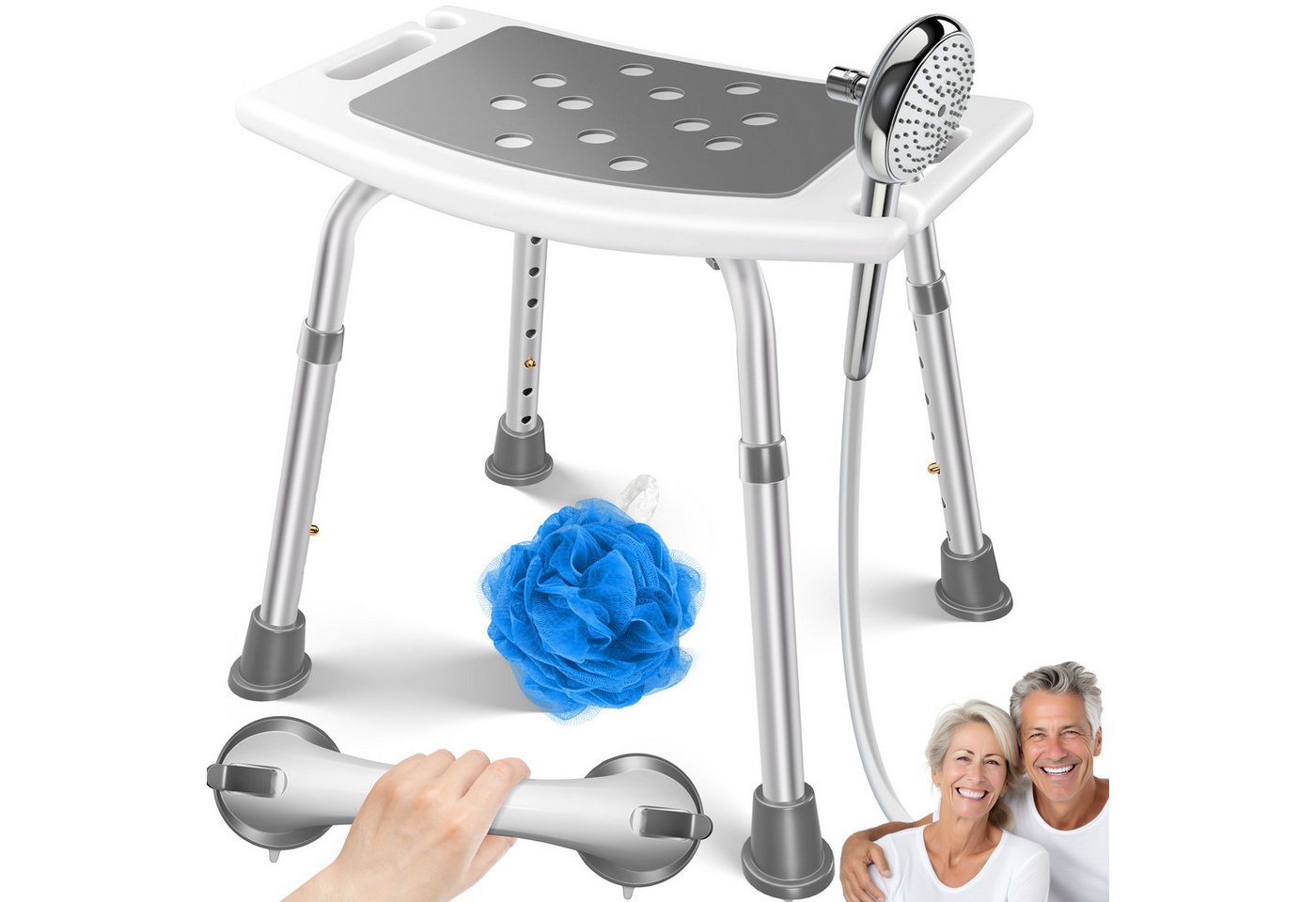 Kesser® Duschhocker Höhenverstellbar Badhocker Rutschfeste Gummifüße Duschstuhl 136kg – Weiß / Grau Bild 3