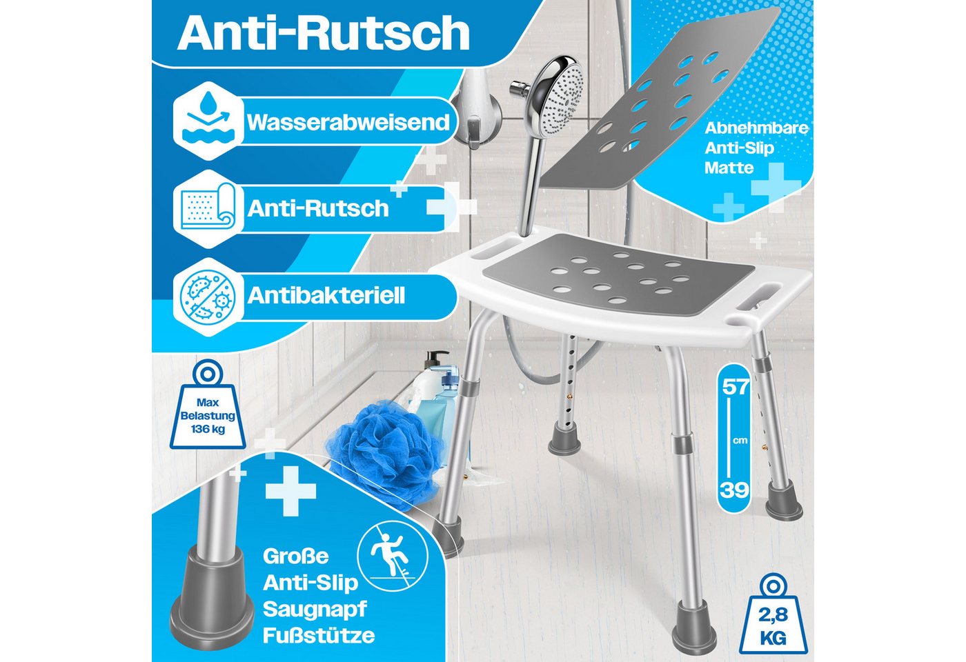 Kesser® Duschhocker Höhenverstellbar Badhocker Rutschfeste Gummifüße Duschstuhl 136kg – Weiß / Grau Bild 4