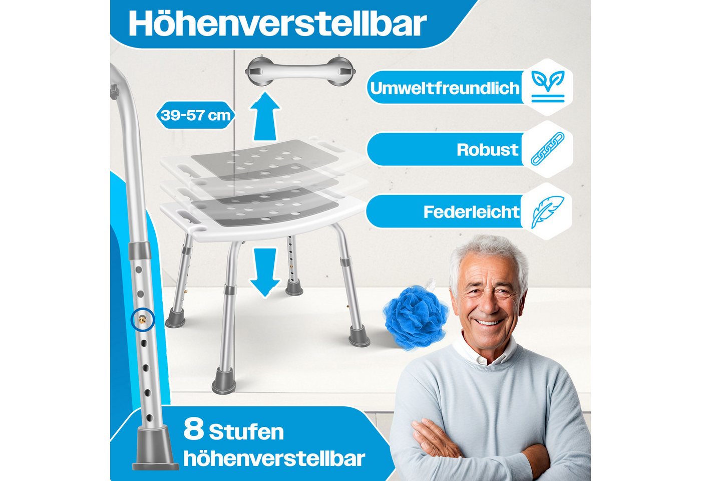 Kesser® Duschhocker Höhenverstellbar Badhocker Rutschfeste Gummifüße Duschstuhl 136kg – Weiß / Grau Bild 5