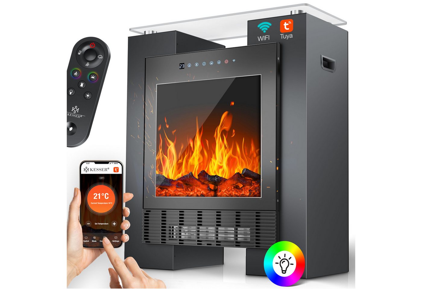 Kesser® Led Kamin Elektrokamin Heizung Mit Thermostat, Realistischem Feuer + App – Schwarz / Schwarz