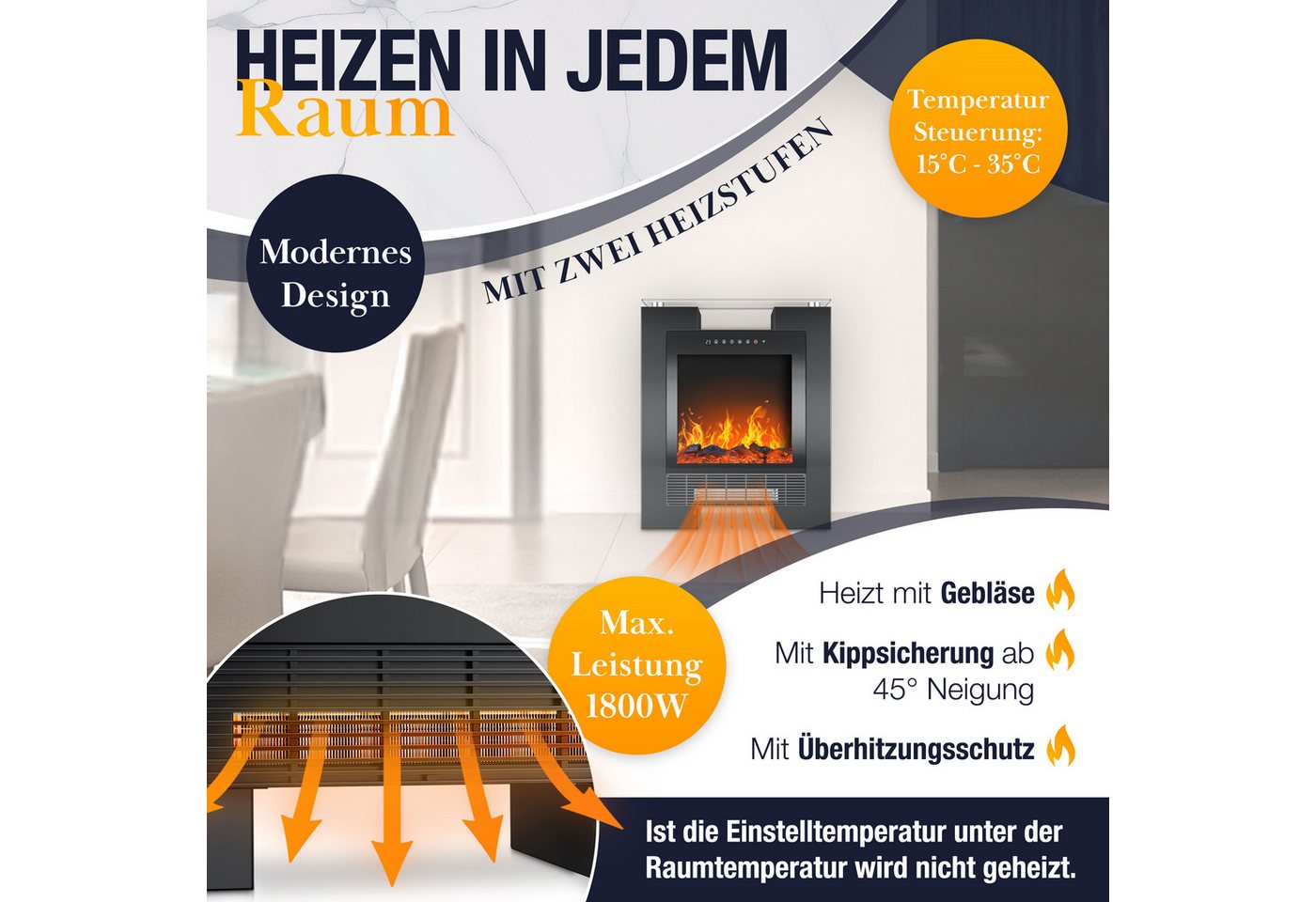 Kesser® Led Kamin Elektrokamin Heizung Mit Thermostat, Realistischem Feuer + App – Schwarz / Schwarz Bild 2