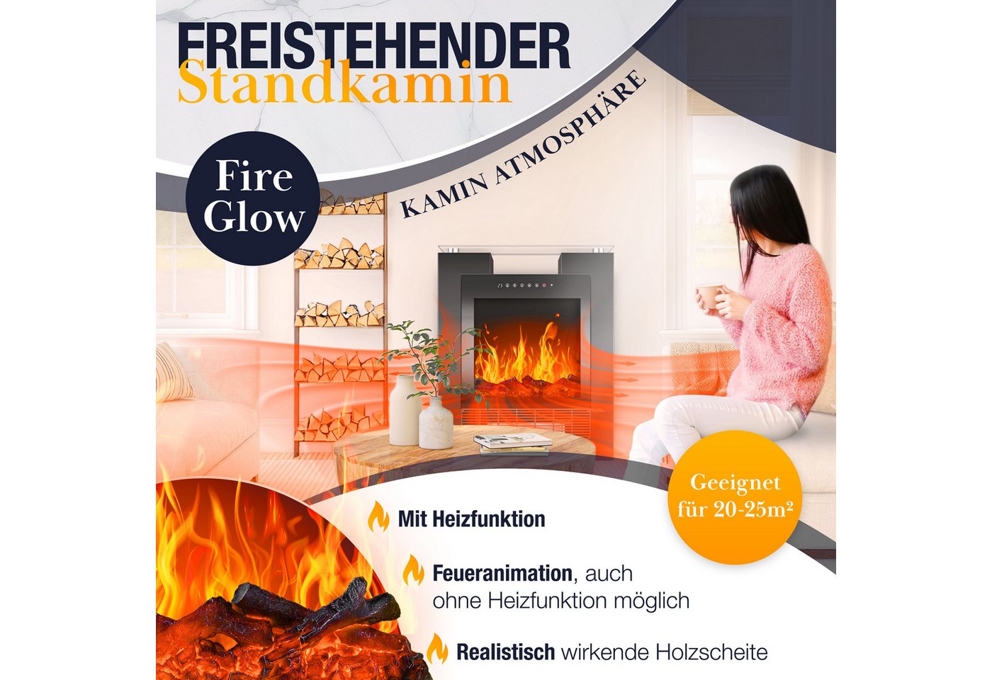 Kesser® Led Kamin Elektrokamin Heizung Mit Thermostat, Realistischem Feuer + App – Schwarz / Schwarz Bild 3