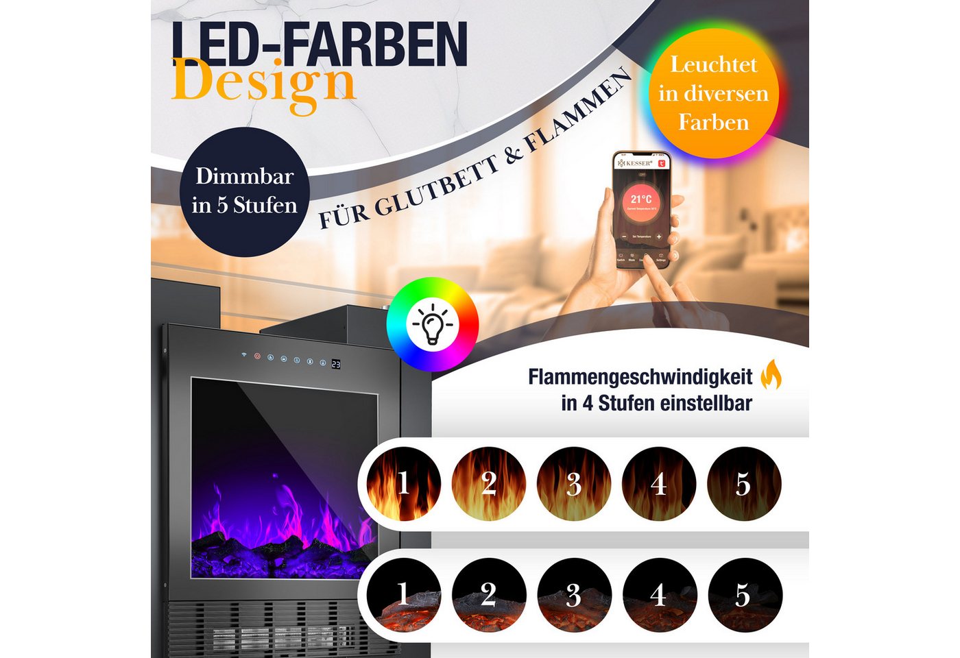 Kesser® Led Kamin Elektrokamin Heizung Mit Thermostat, Realistischem Feuer + App – Schwarz / Schwarz Bild 4