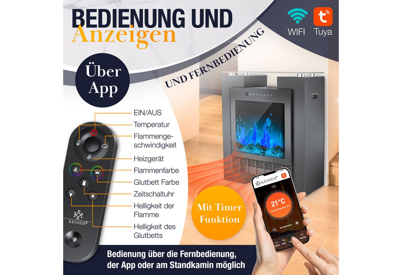 Kesser® Led Kamin Elektrokamin Heizung Mit Thermostat, Realistischem Feuer + App – Schwarz / Schwarz Bild 5