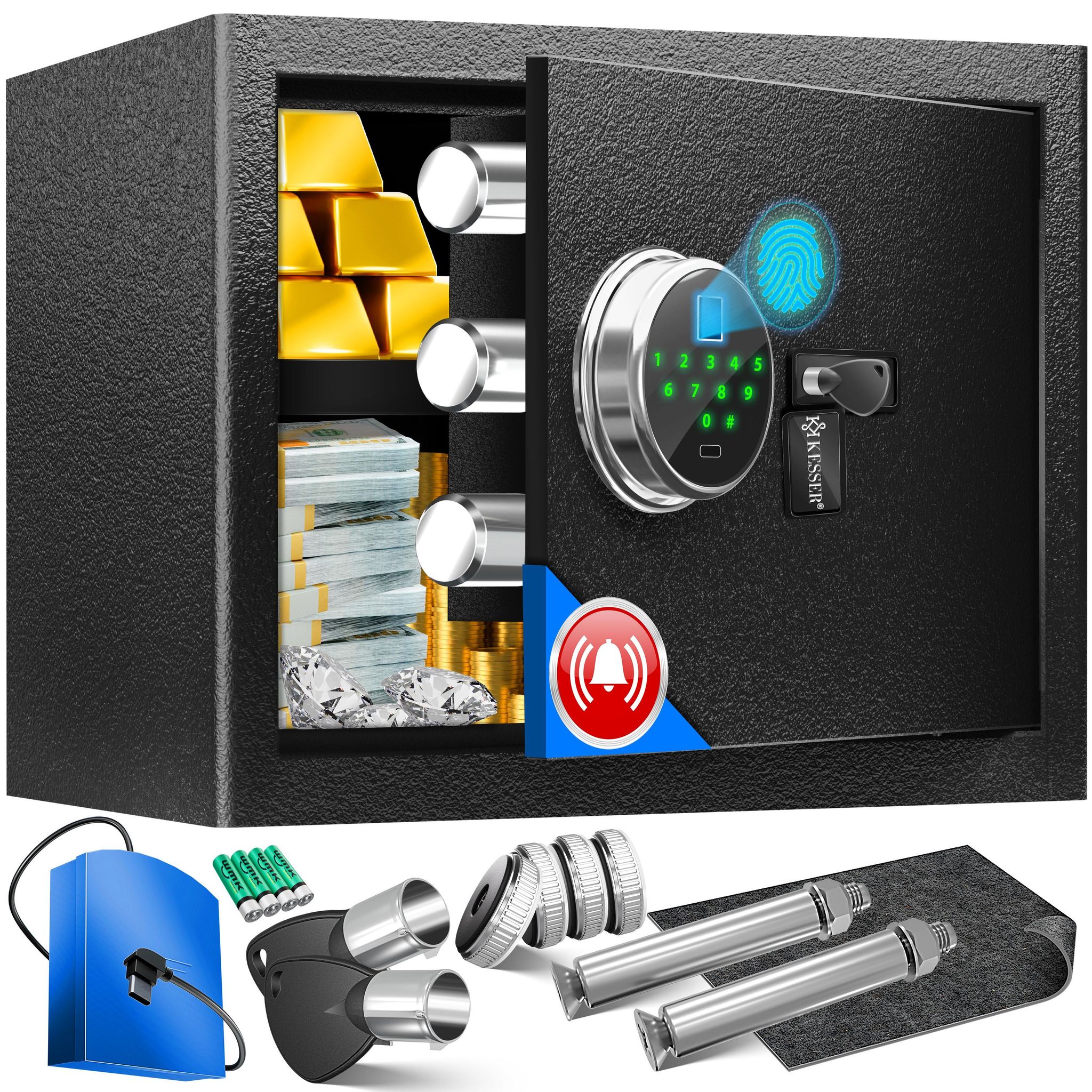 Kesser® Elektronischer Tresor Mit Fingerabdruck & Schlüssel, Inkl. Notfallakku – Schwarz / L