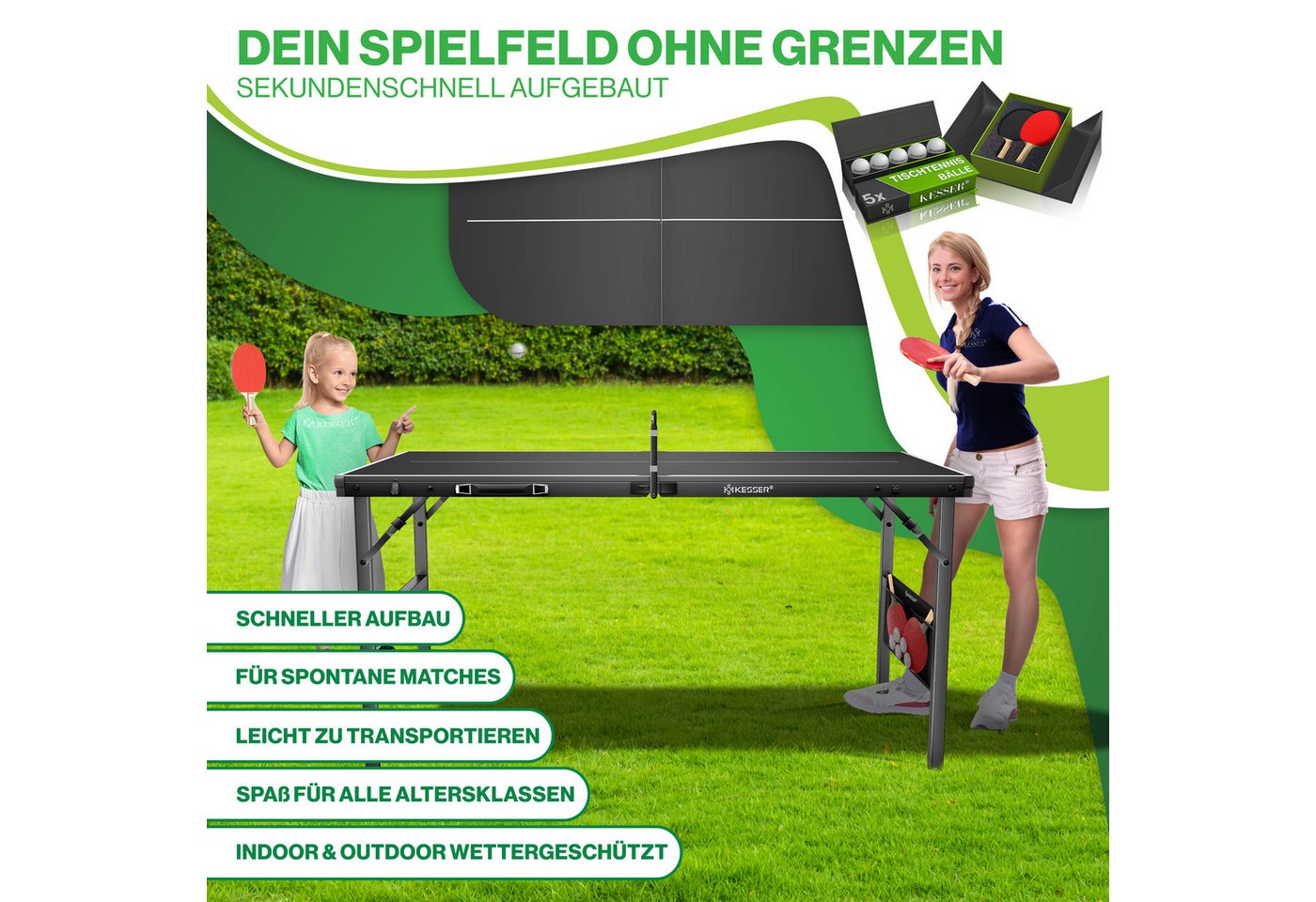Kesser® Mini Tischtennisplatte Kompakt – Faltbar & Platzsparend, Mit Netz, 2 – Schwarz / Schwarz