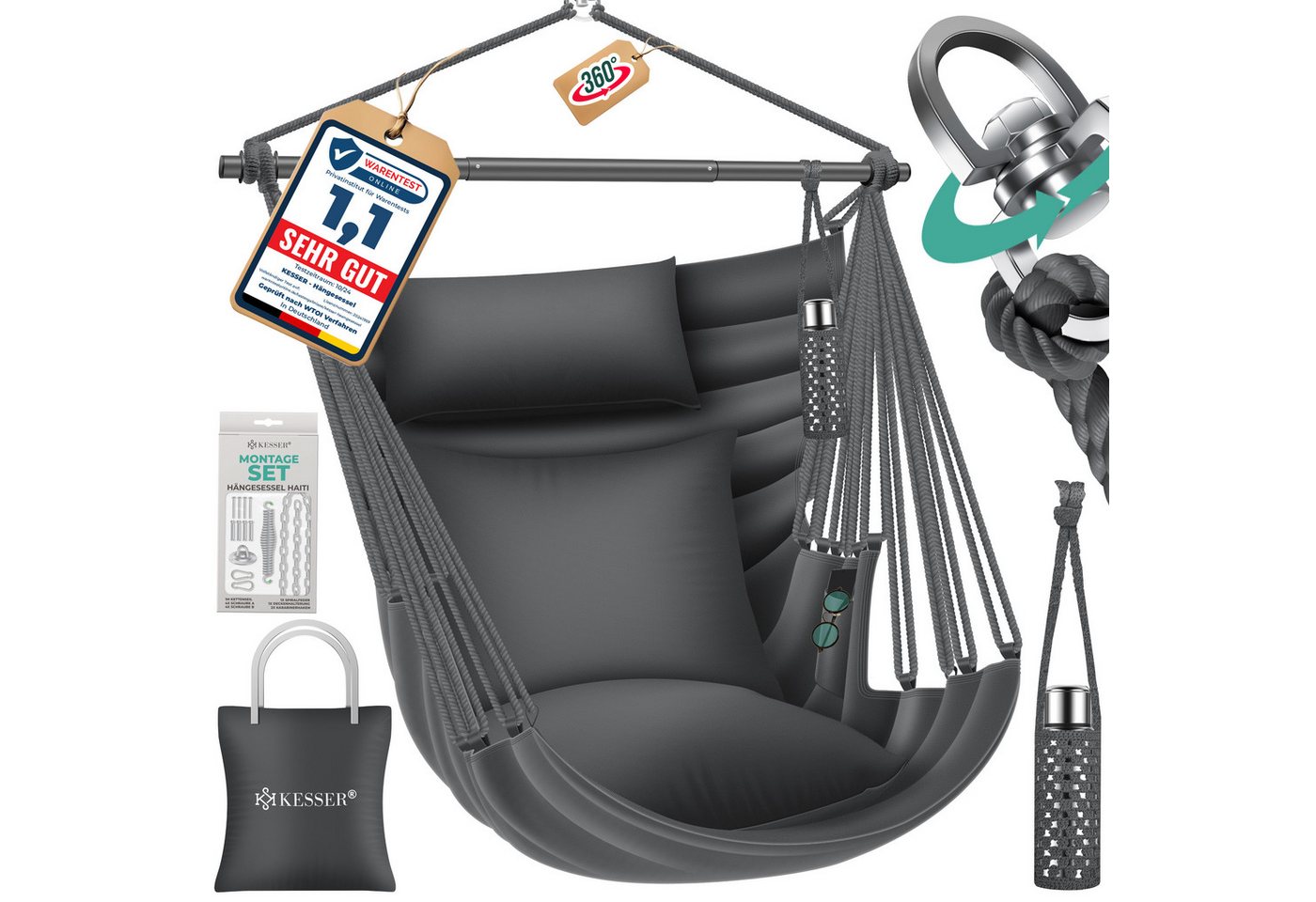 Kesser® Hängesessel Haiti 150kg, 360° Drehung, Uv-beständig & Wasserfest, Inkl. 2 Kissen – Anthrazit