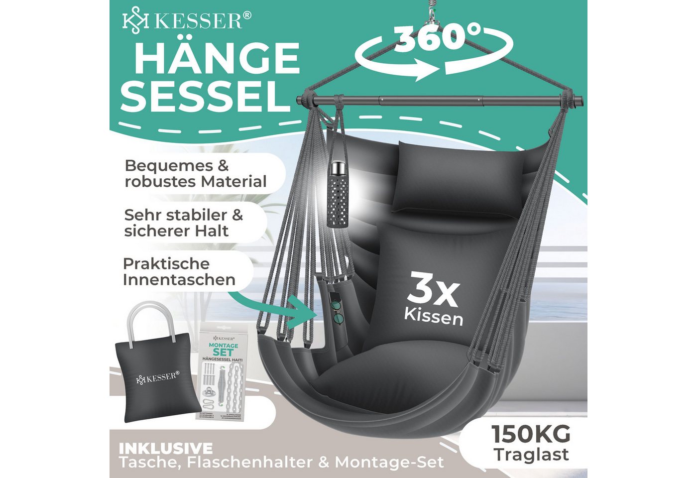 Kesser® Hängesessel Haiti 150kg, 360° Drehung, Uv-beständig & Wasserfest, Inkl. 2 Kissen – Anthrazit Bild 2