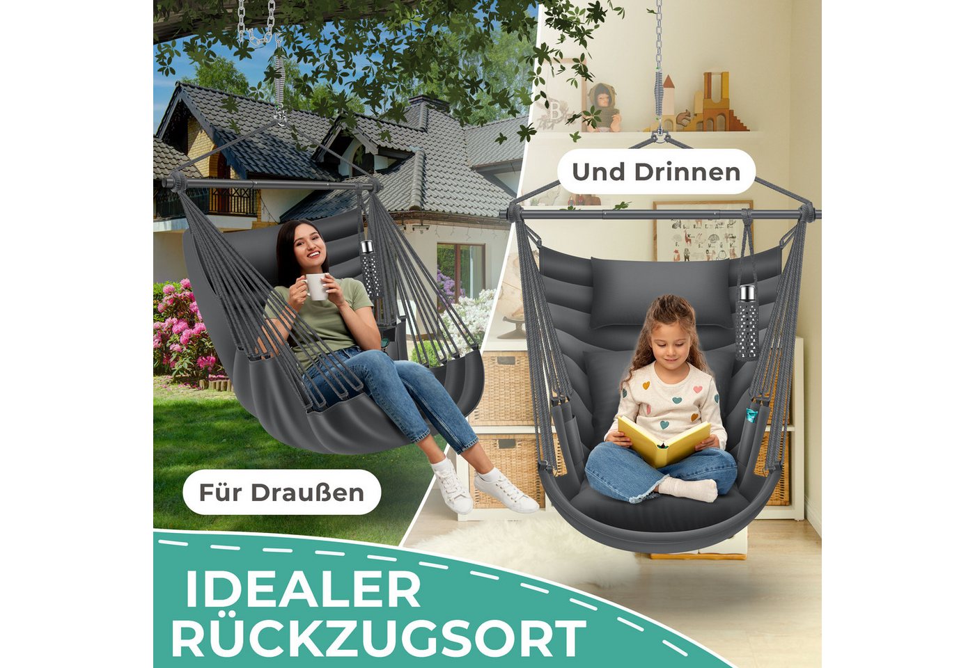 Kesser® Hängesessel Haiti 150kg, 360° Drehung, Uv-beständig & Wasserfest, Inkl. 2 Kissen – Anthrazit Bild 3
