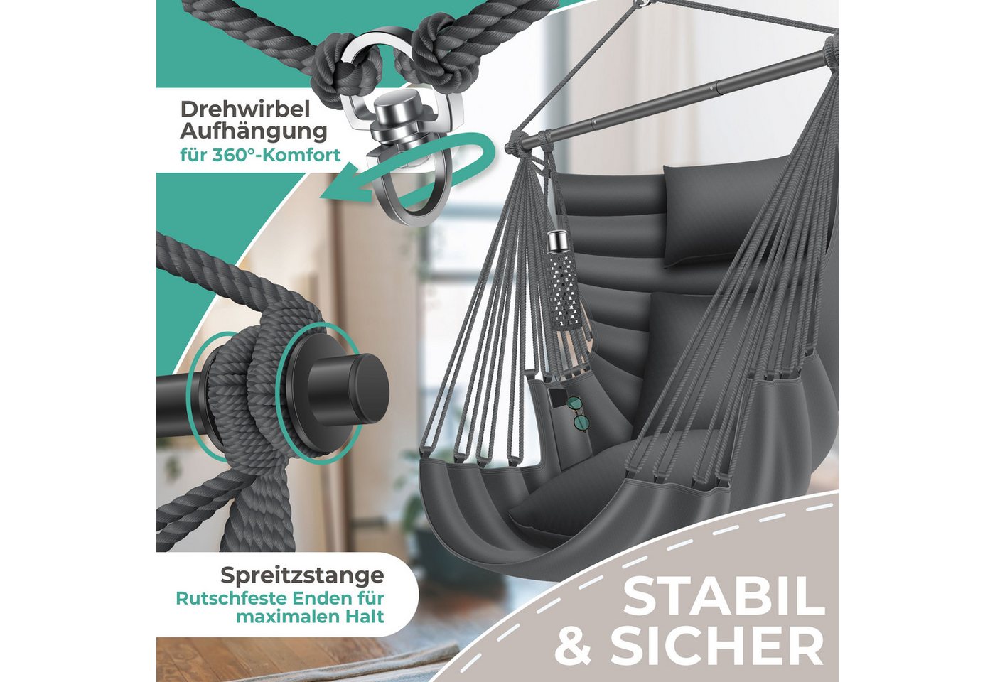 Kesser® Hängesessel Haiti 150kg, 360° Drehung, Uv-beständig & Wasserfest, Inkl. 2 Kissen – Anthrazit Bild 4