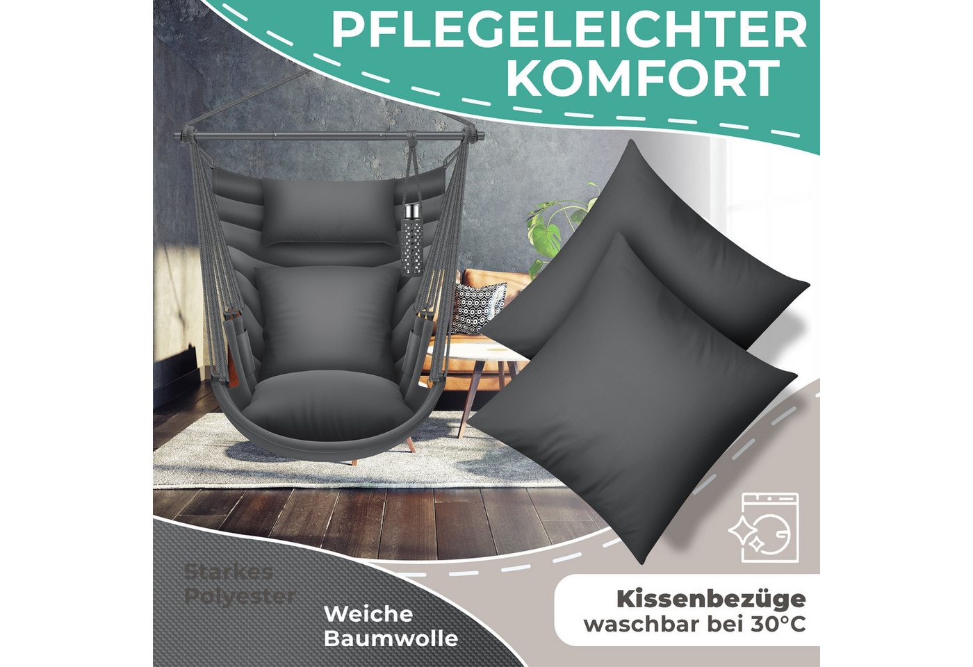 Kesser® Hängesessel Haiti 150kg, 360° Drehung, Uv-beständig & Wasserfest, Inkl. 2 Kissen – Anthrazit Bild 5