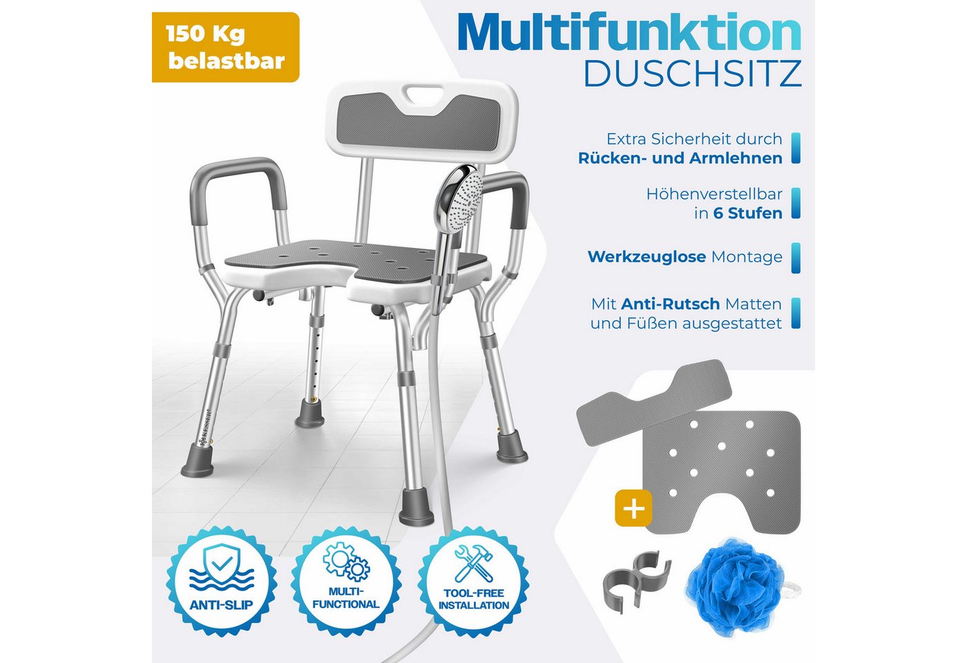 Kesser® Duschhocker Mit Lehne Höhenverstellbar 38-54cm, 150kg, Anti-rutsch – Weiß / Grau