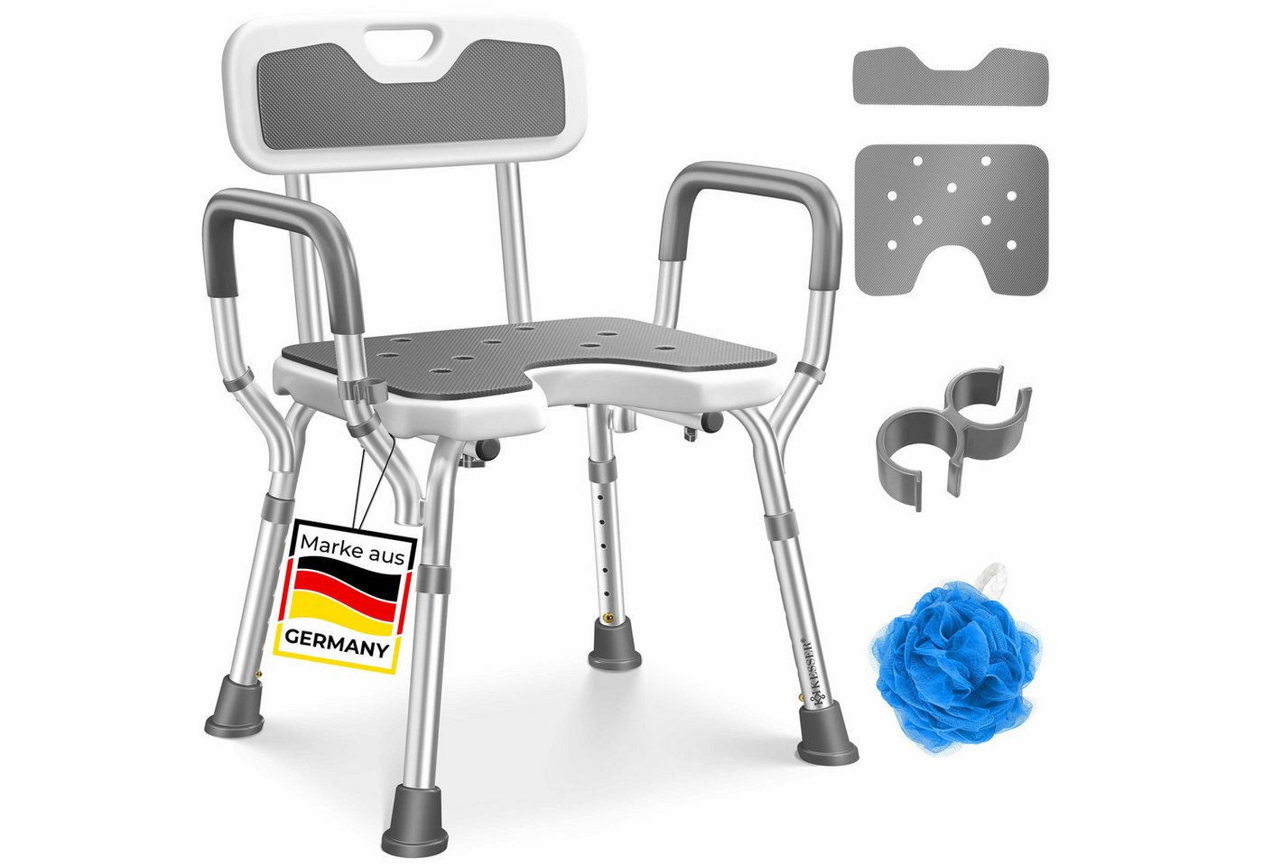 Kesser® Duschhocker Mit Lehne Höhenverstellbar 38-54cm, 150kg, Anti-rutsch – Weiß / Grau Bild 2