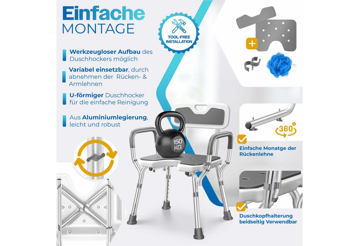 Kesser® Duschhocker Mit Lehne Höhenverstellbar 38-54cm, 150kg, Anti-rutsch – Weiß / Grau Bild 3