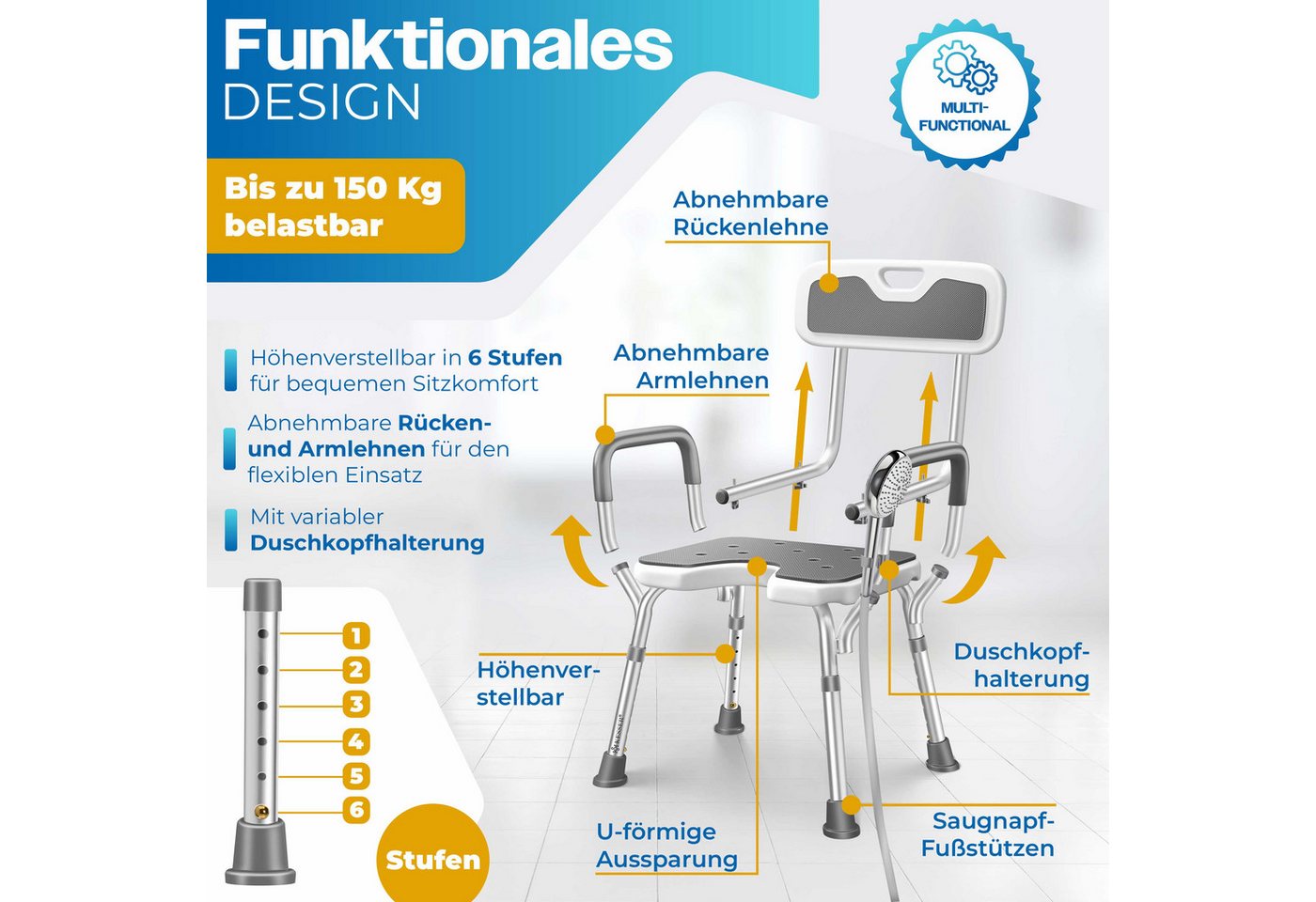 Kesser® Duschhocker Mit Lehne Höhenverstellbar 38-54cm, 150kg, Anti-rutsch – Weiß / Grau Bild 4