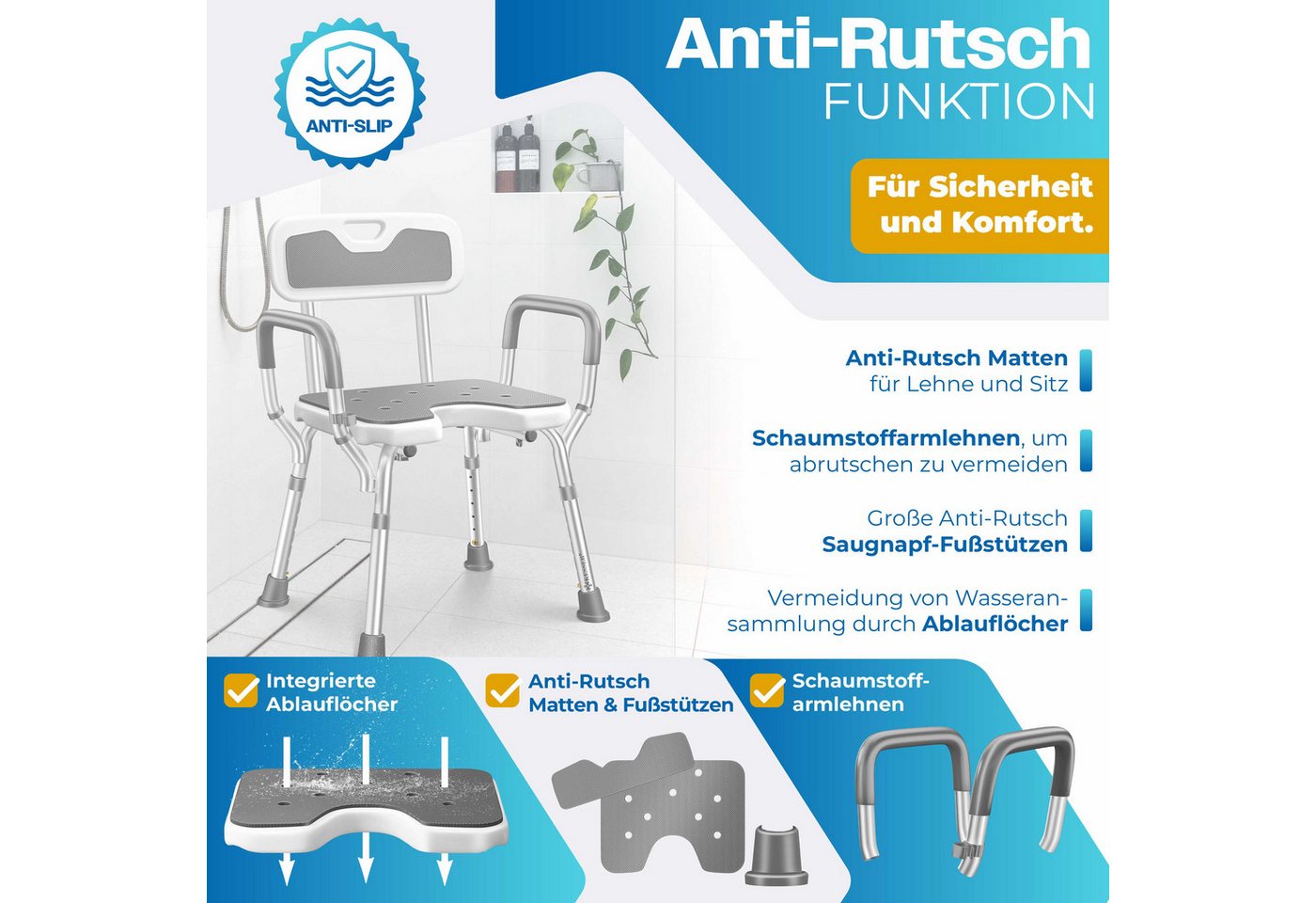 Kesser® Duschhocker Mit Lehne Höhenverstellbar 38-54cm, 150kg, Anti-rutsch – Weiß / Grau Bild 5