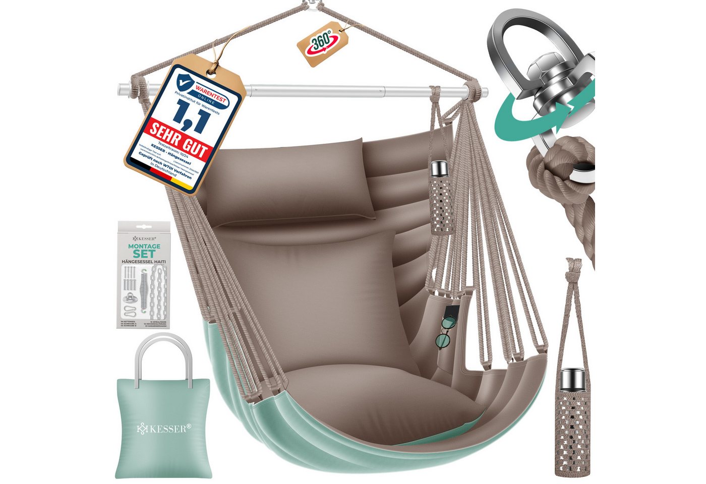 Kesser® Hängesessel Haiti 150kg, 360° Drehung, Uv-beständig & Wasserfest – Stone Green / Taupe