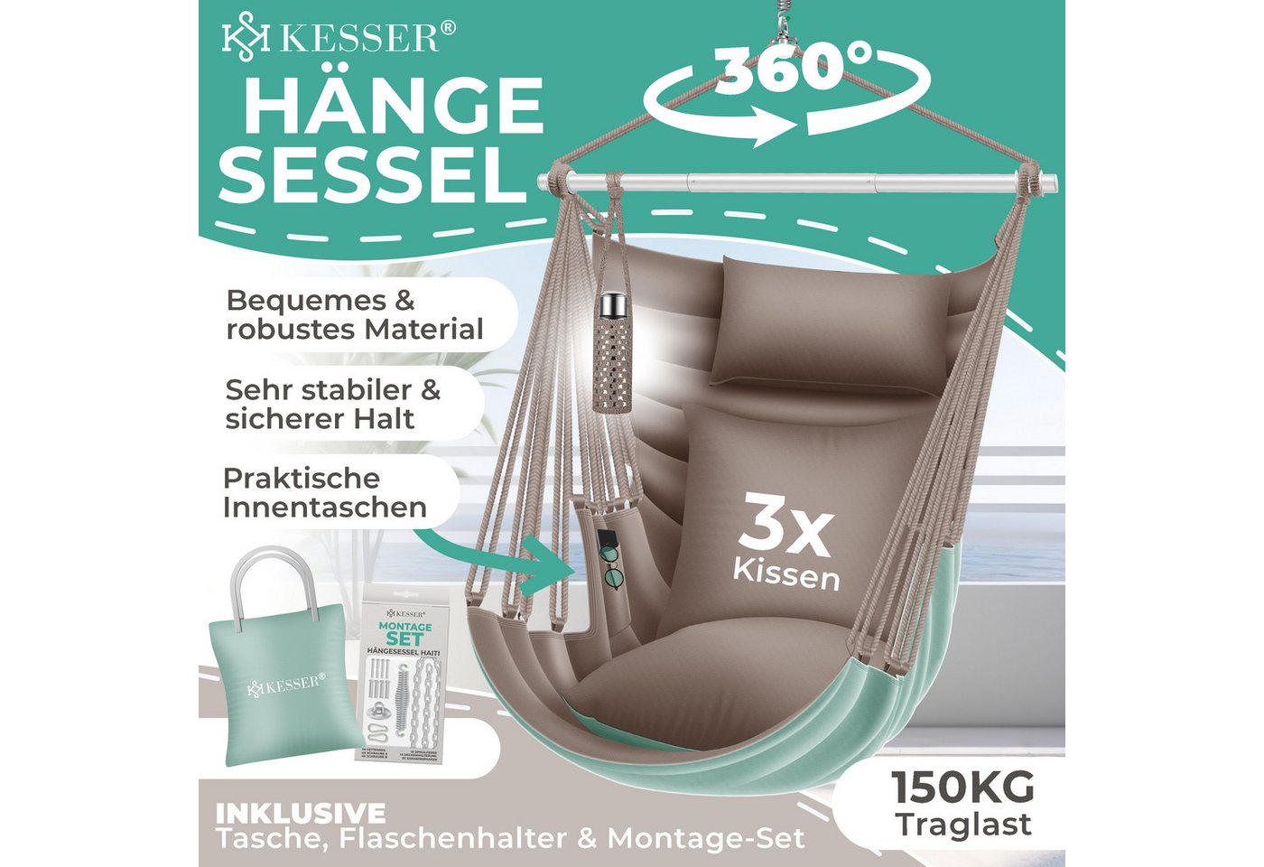 Kesser® Hängesessel Haiti 150kg, 360° Drehung, Uv-beständig & Wasserfest – Stone Green / Taupe Bild 3