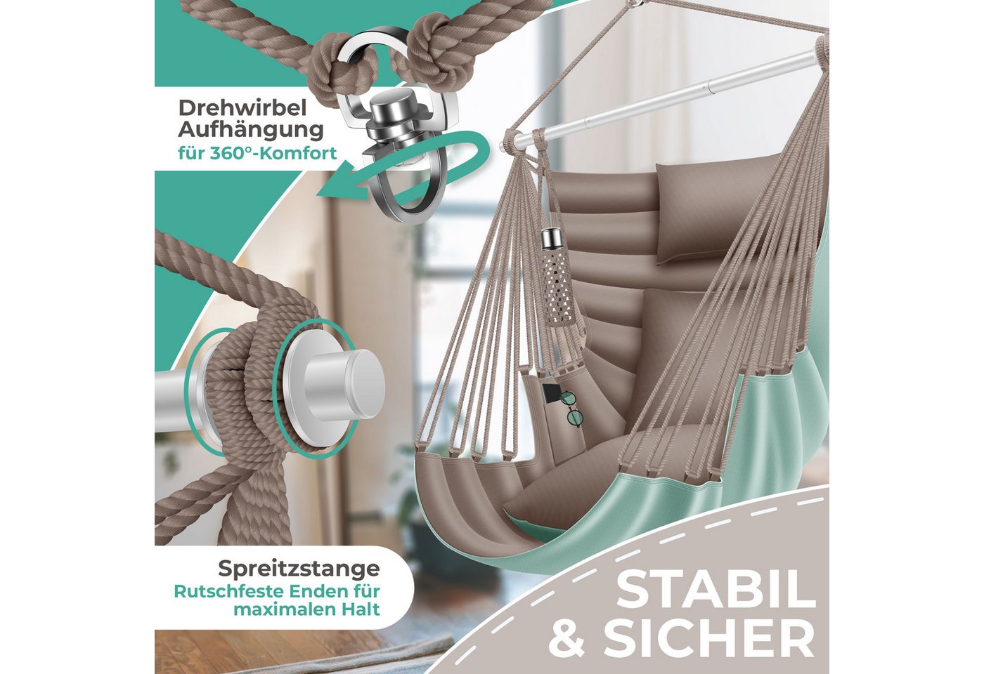 Kesser® Hängesessel Haiti 150kg, 360° Drehung, Uv-beständig & Wasserfest – Stone Green / Taupe Bild 5