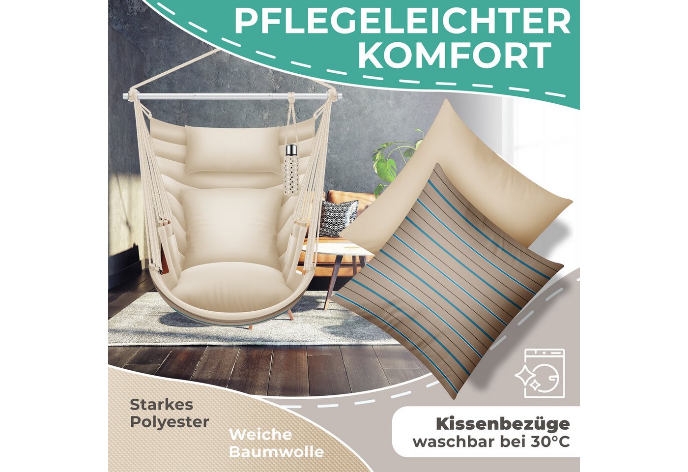 Kesser® Hängesessel Haiti 150kg, 360° Drehung, Uv-beständig & Wasserfest, Inkl. 2 – Cappuccino